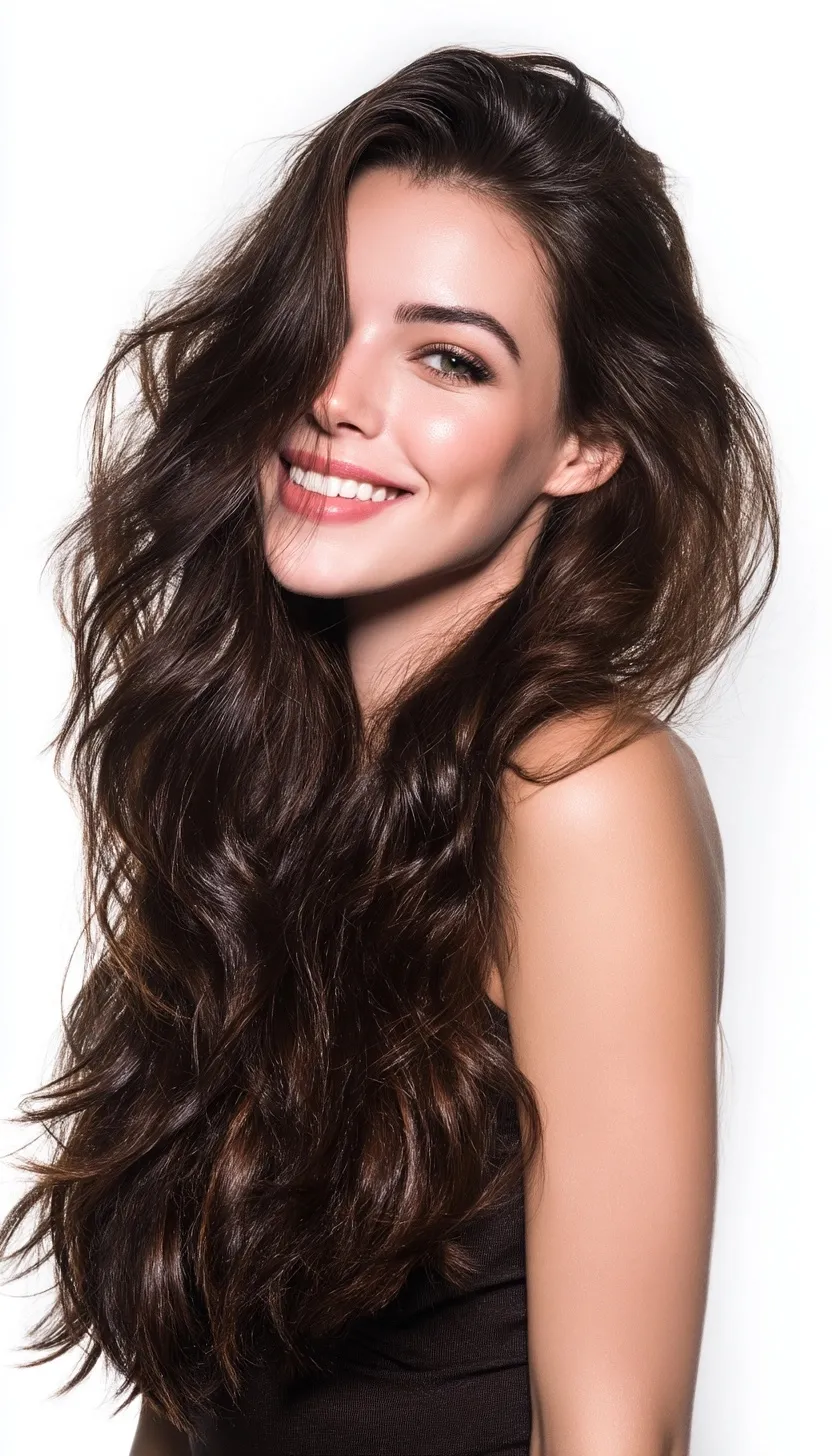European fashion model with voluminous, high-shine dark brown hair against a clean white background.