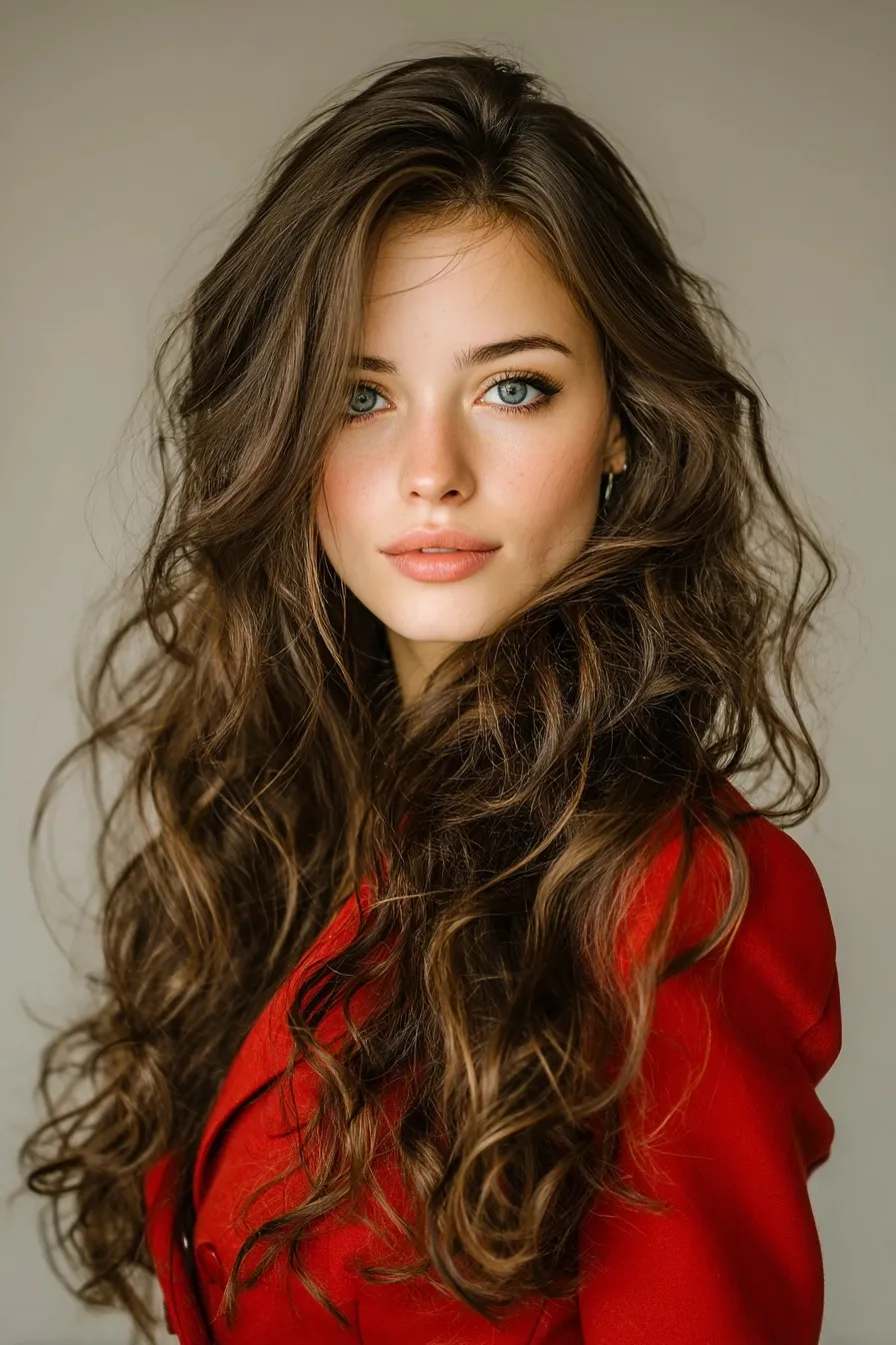 A beautiful 28-year-old brunette woman with long wavy hair wearing a red jacket against a soft beige background.