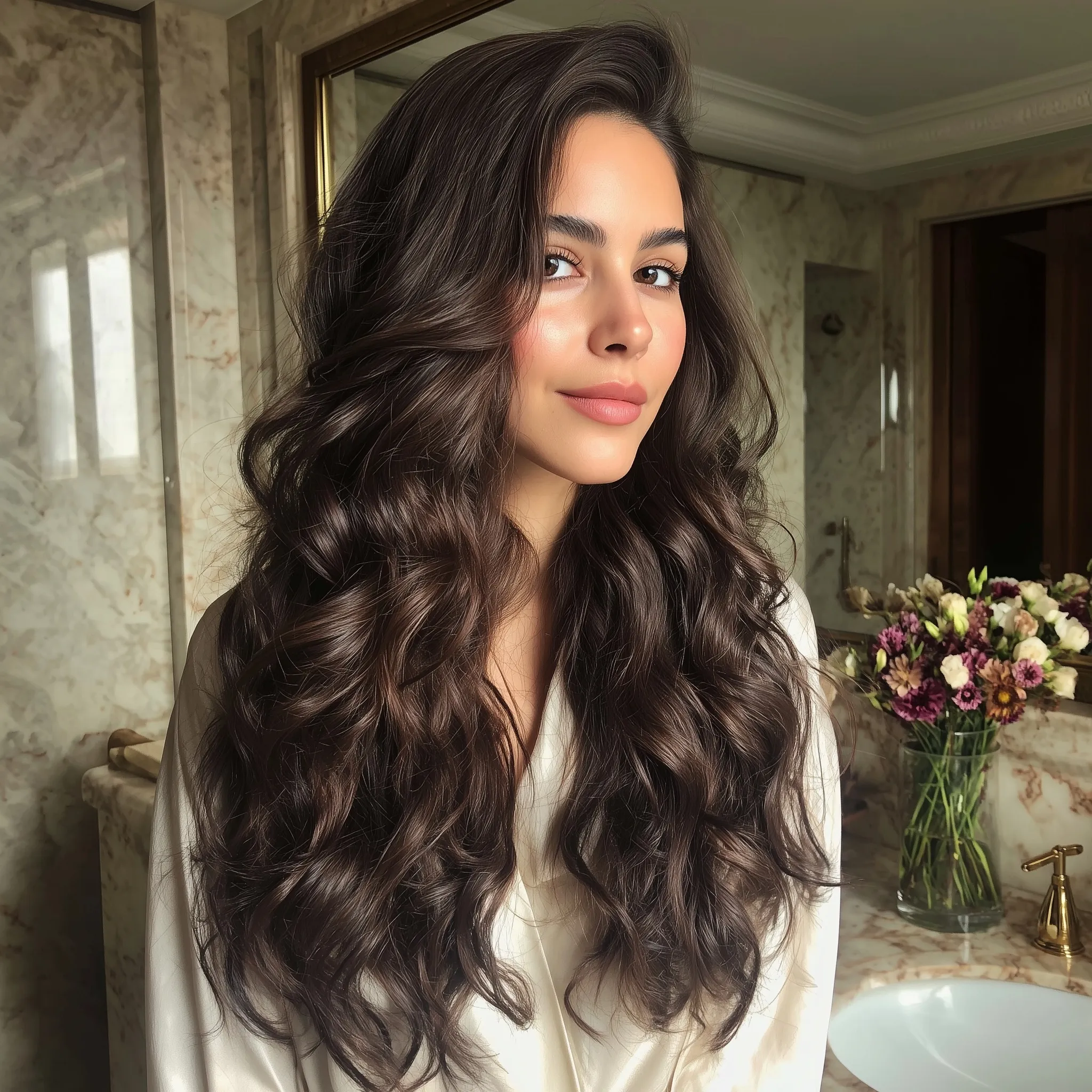 A young woman with healthy wavy brunette hair applying serum in a luxurious sunlit bathroom, editorial style.