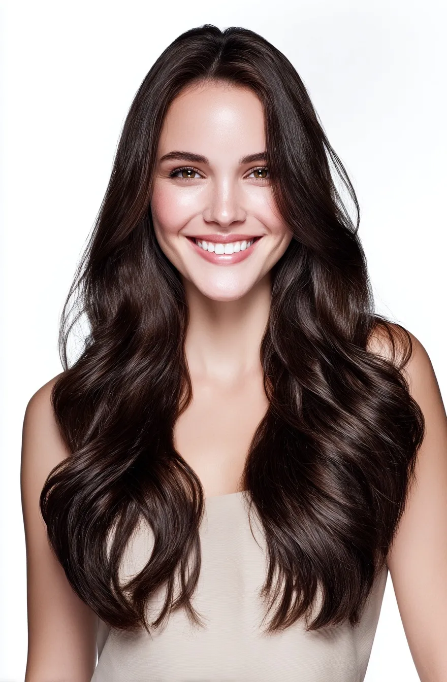 Portrait of a woman with long wavy brunette hair smiling against a white background for beauty advertising.