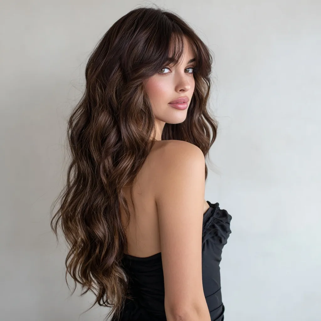 A tall American girl with brunette wavy hair wearing a black dress in a bright white cafe studio setting.