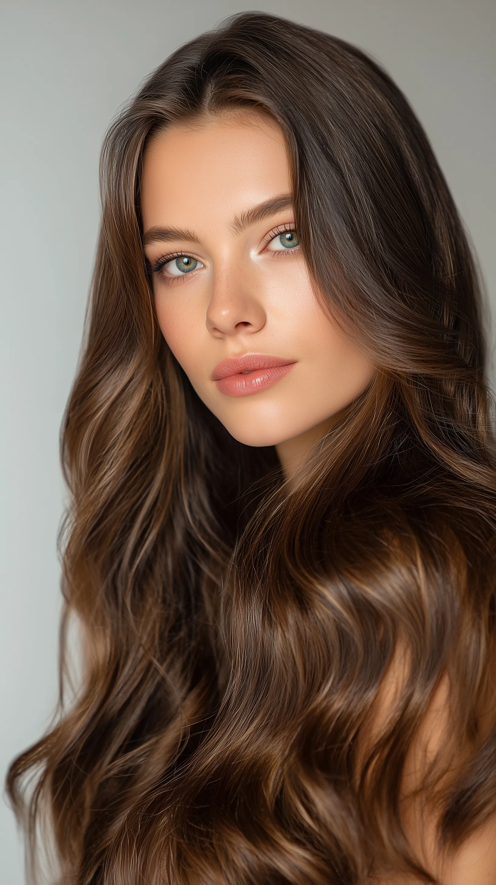 A beautiful brunette girl with long, shiny wavy hair and green eyes, styled for a professional beauty advertisement.