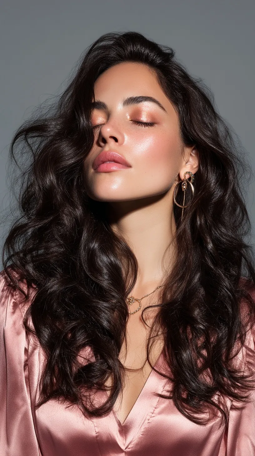Glamorous brunette woman with long wavy hair, glowing skin, and satin top posing in sunlight.
