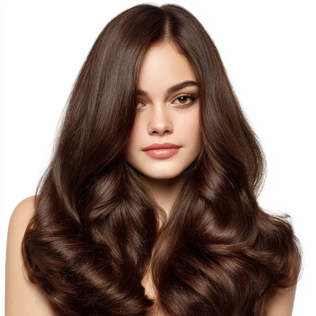 A beautiful young woman with voluminous, glossy chocolate brown hair in glamorous waves against a white background.
