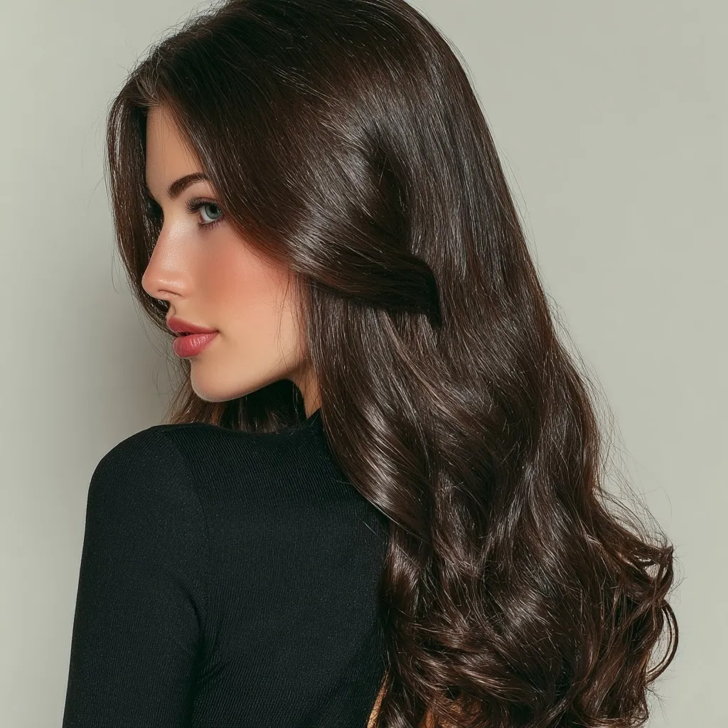Back view of a woman with beautiful, shiny, flowing brunette hair isolated on a white studio background.
