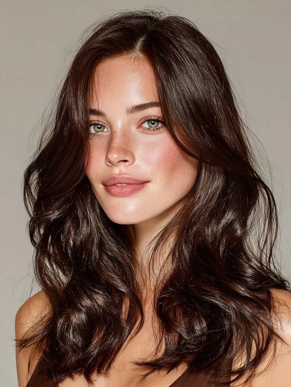 Elegant young woman with long, voluminous dark ash blonde wavy hair in a professional studio portrait.