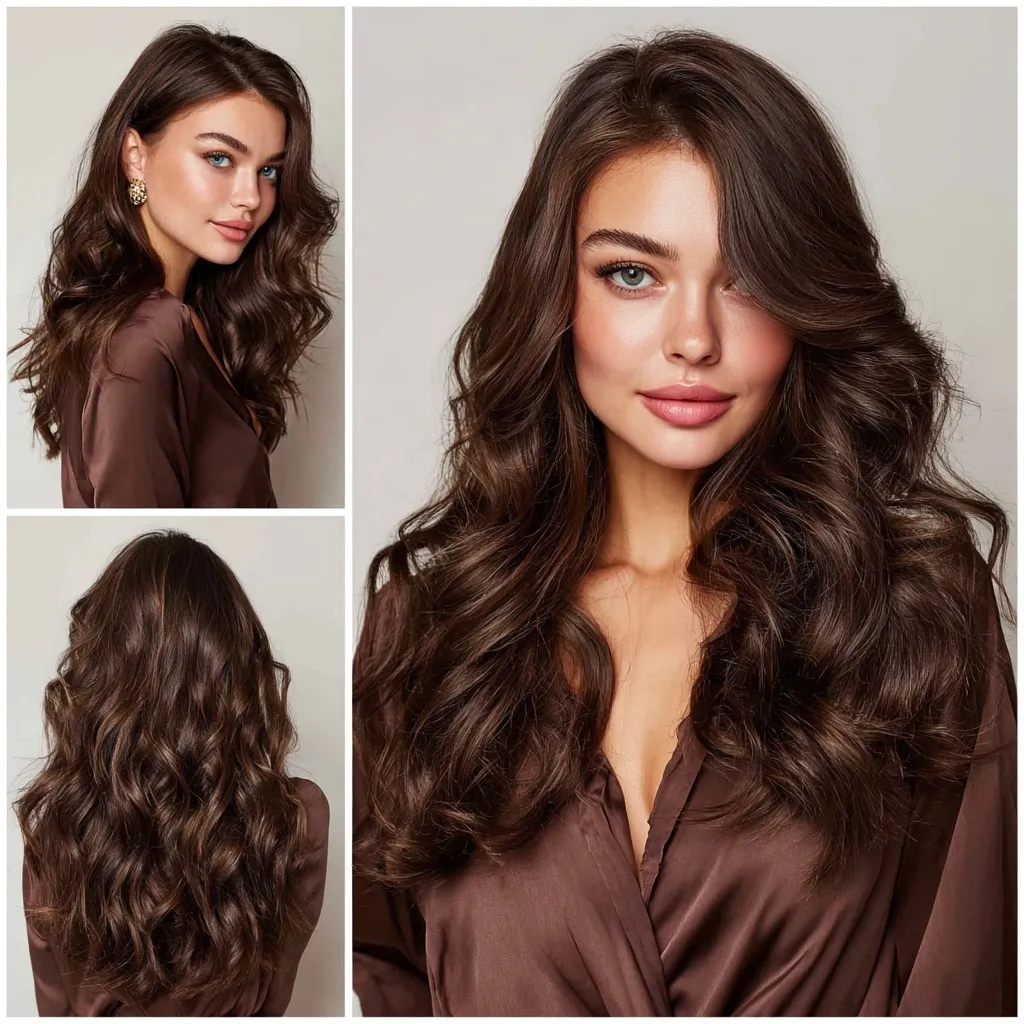 A young woman with beautiful, well-groomed brunette hair receiving a relaxing scalp massage on a blurred background.