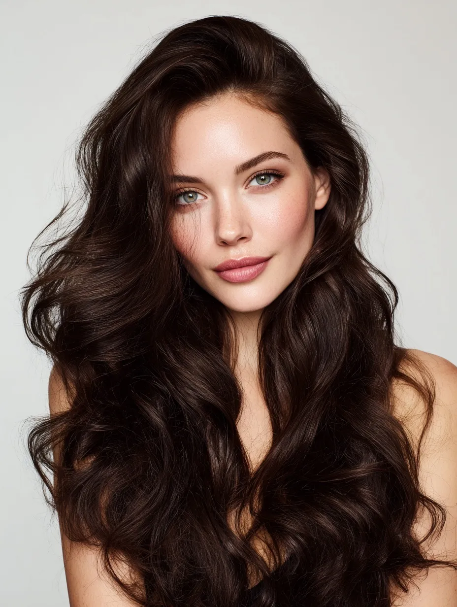 A beautiful brunette woman with long, flowing wavy hair against a light background for a natural beauty portrait.