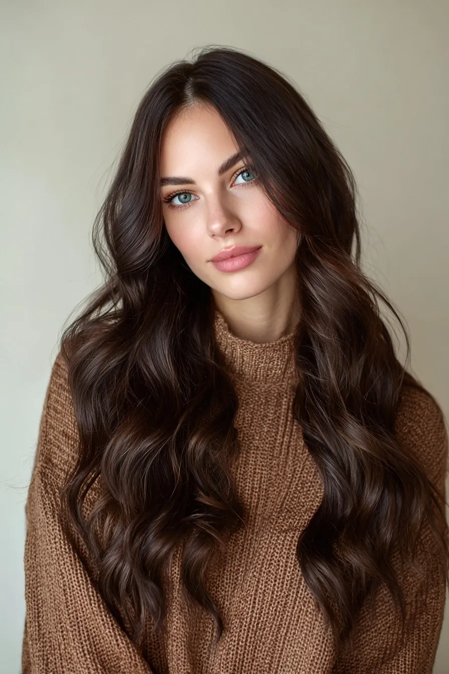 Happy woman with refined, glossy chocolate brown long wavy hair posing in a sweater for a high-quality selfie.