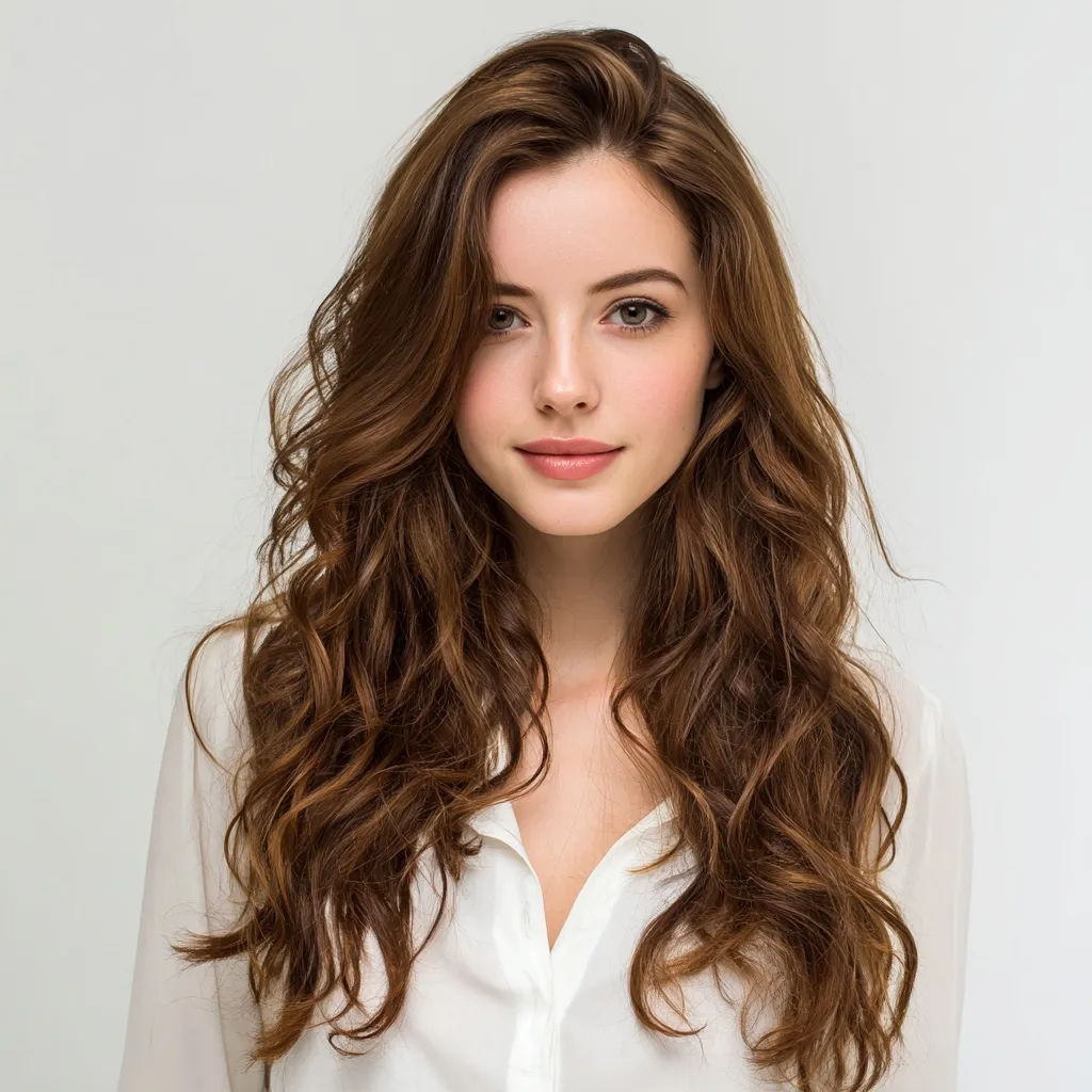 Portrait of a young woman with long light brown wavy hair, wearing a white shirt against a clean white background.