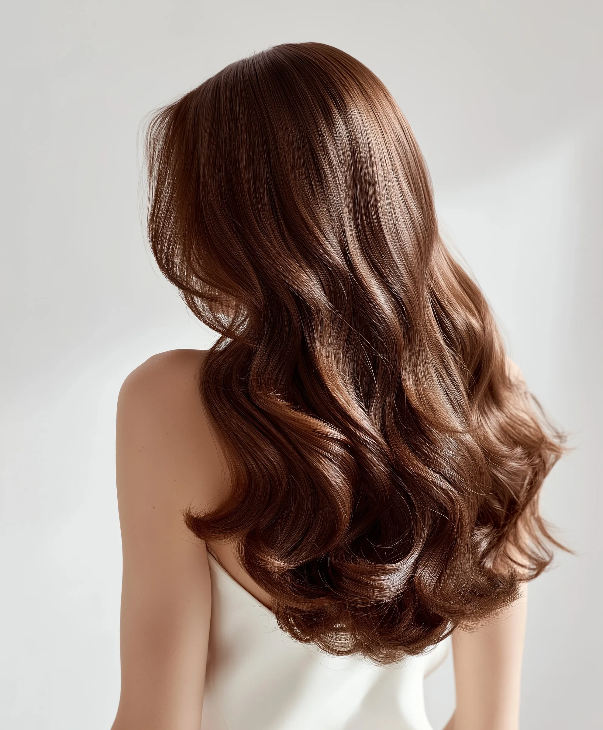 A European woman with long, healthy wavy brown hair flowing down her bare back against a clean white background.