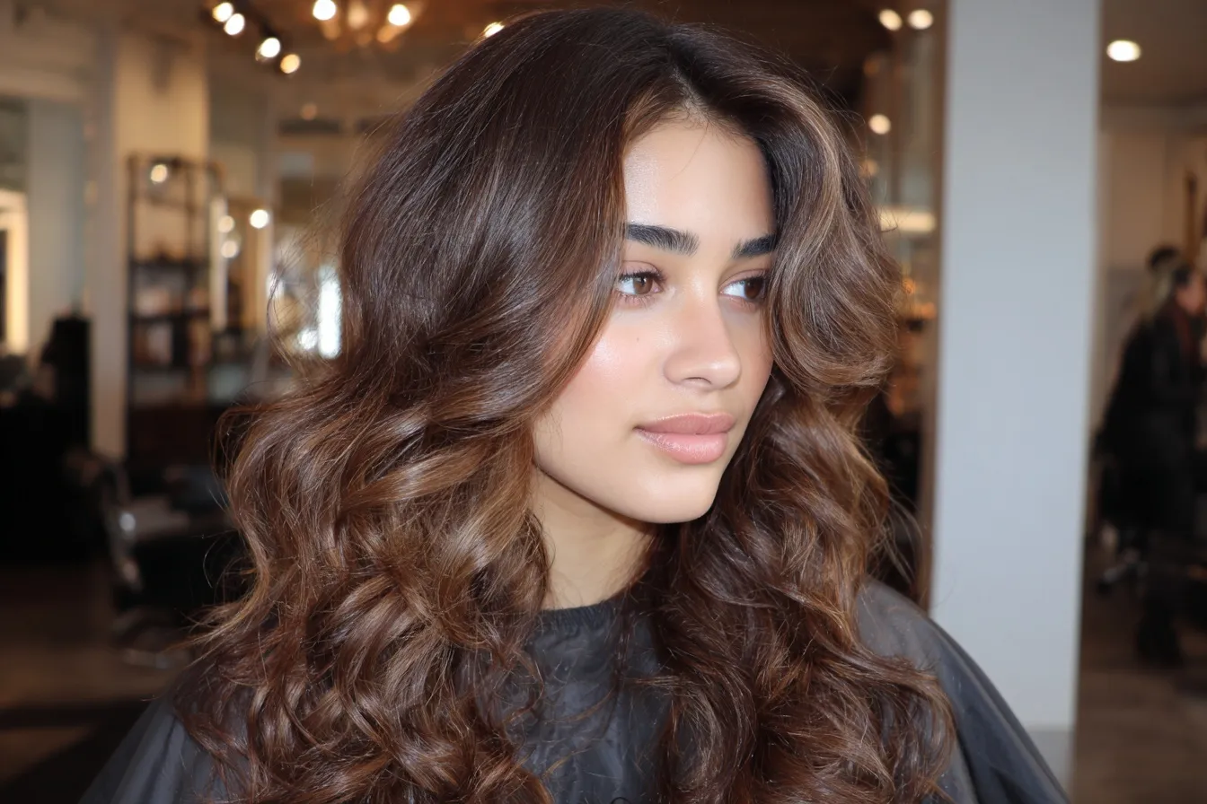 Golden brown curly hairstyle with sunlit dimension and airy volume on a woman with olive skin.