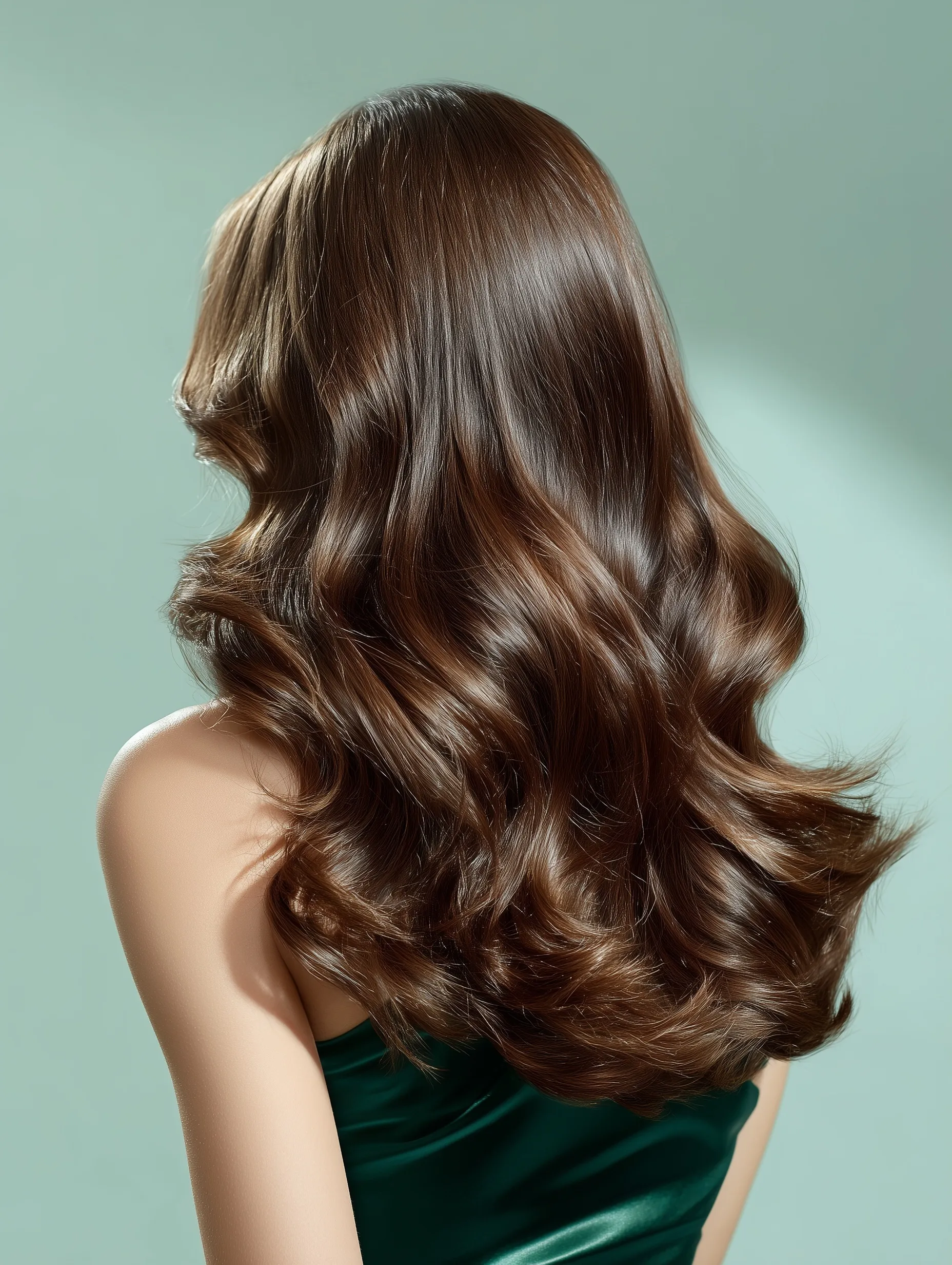 Back view of a woman with voluminous, shiny long brunette hair styled in perfect waves against a light green background.