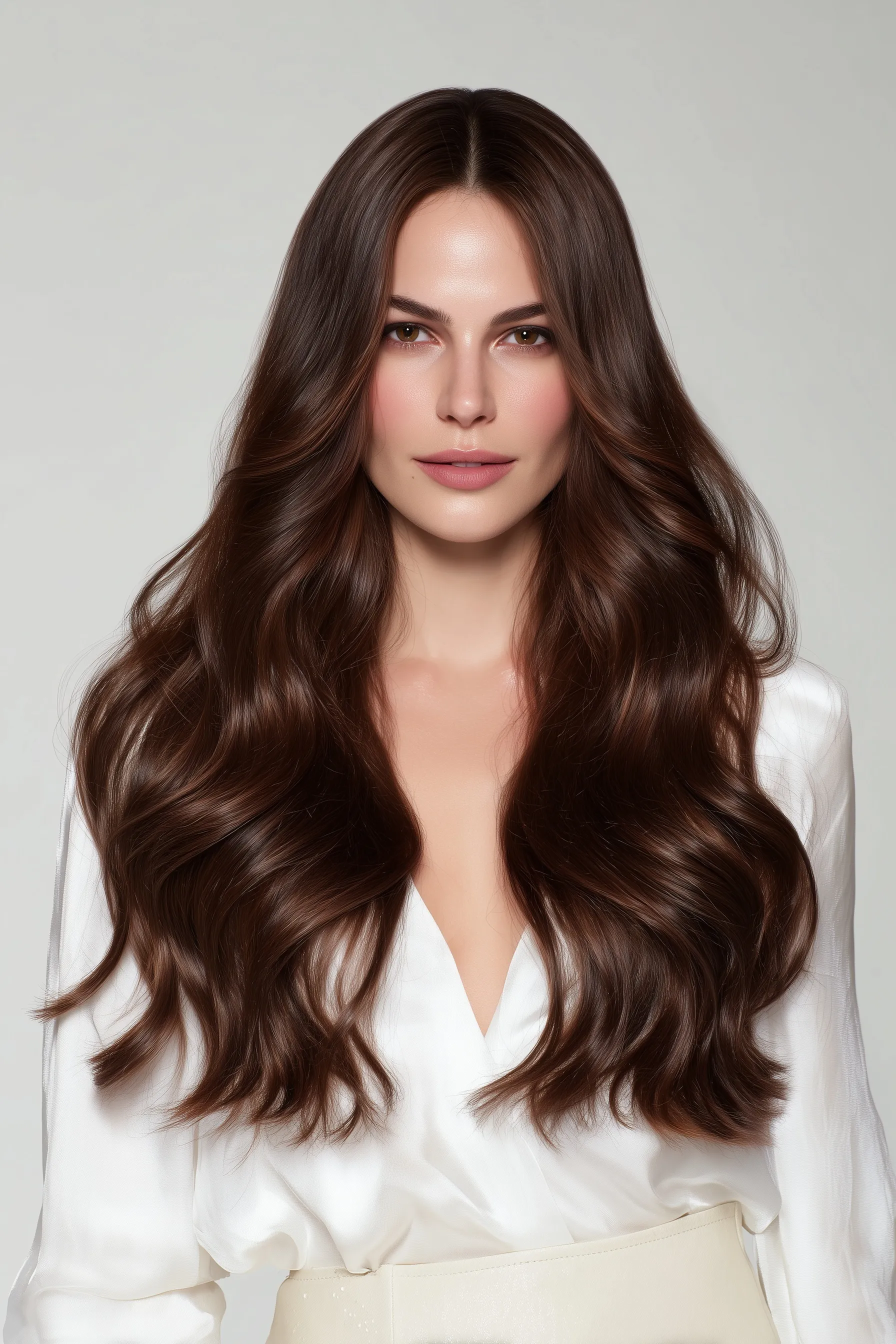 A model with long, wavy chestnut brown hair featuring voluminous layers and a shiny, elegant finish.