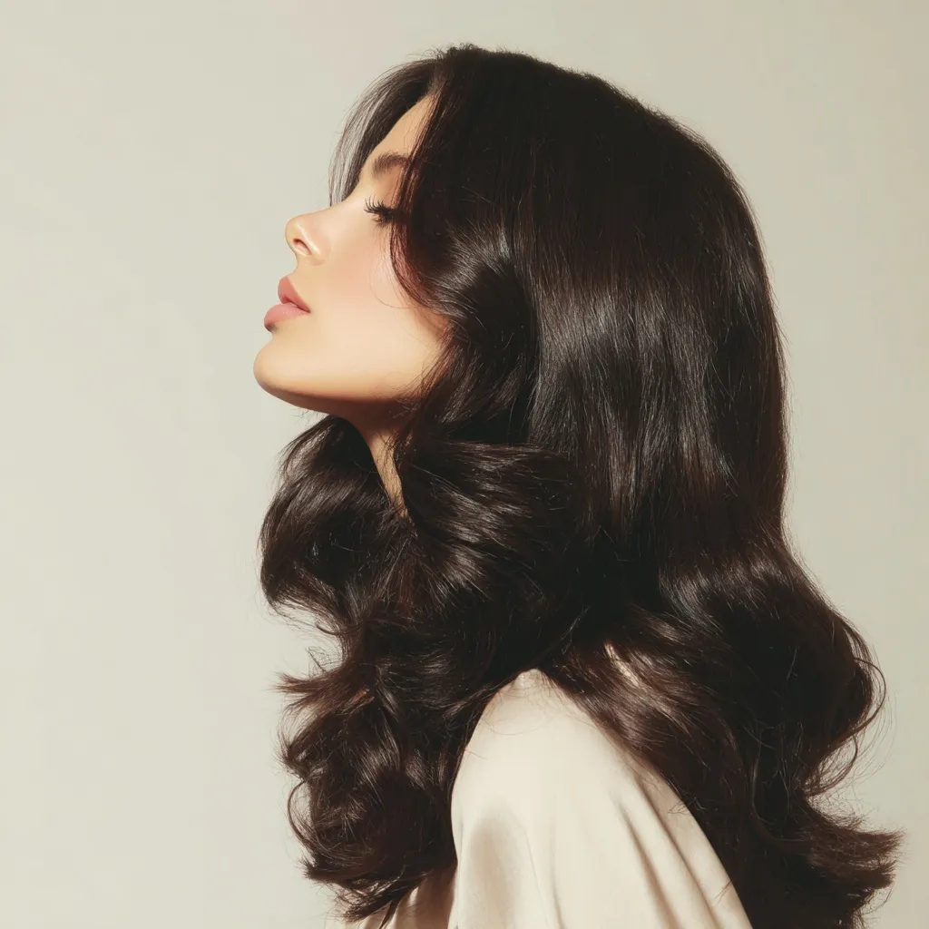Stylish young brunette woman with shiny, wavy dark hair posing sideways against a light professional studio background.