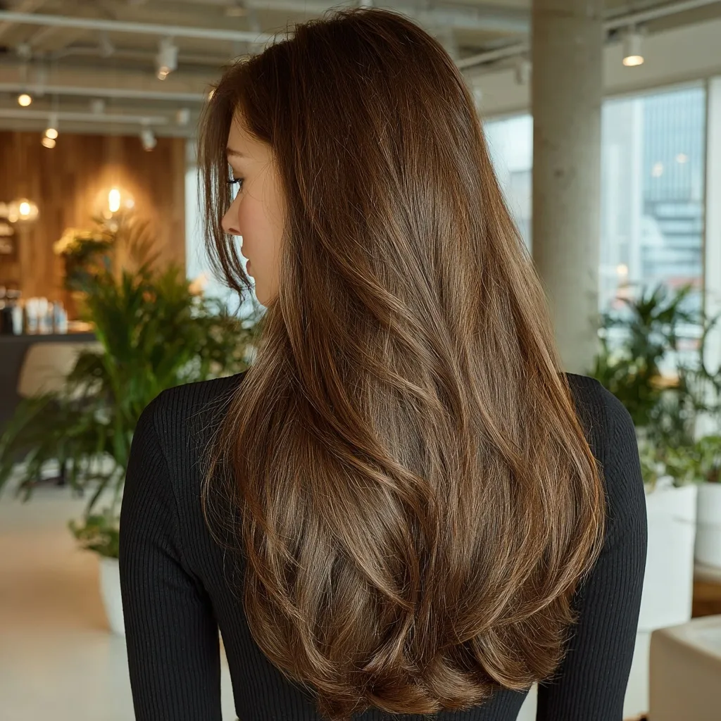 Back view of a woman with long, sleek brunette hair featuring polished volume and waves in a modern salon.