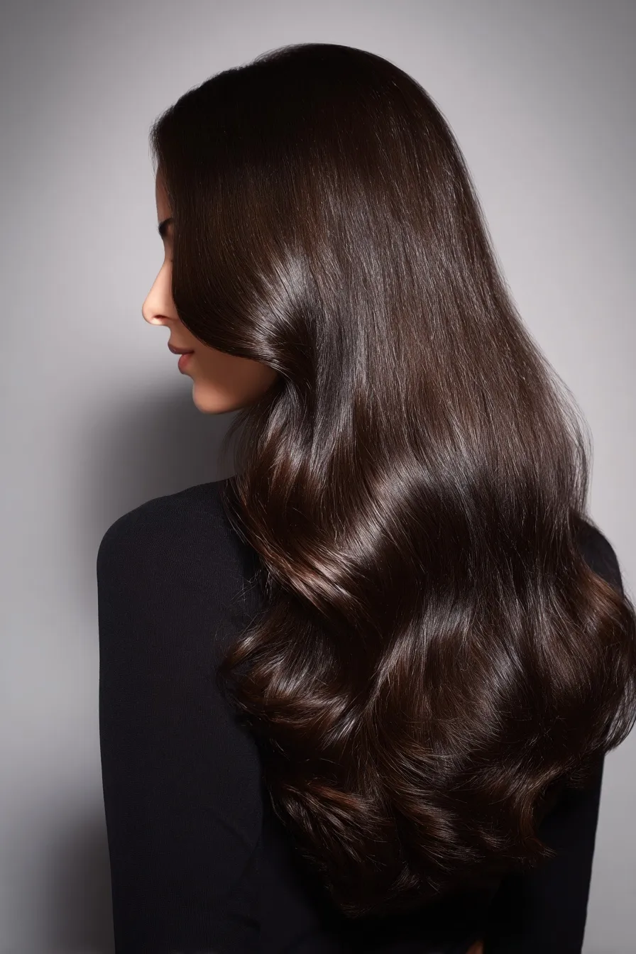 Model with long, sleek dark brown hair in elegant loose waves, showcased against a soft grey professional background.
