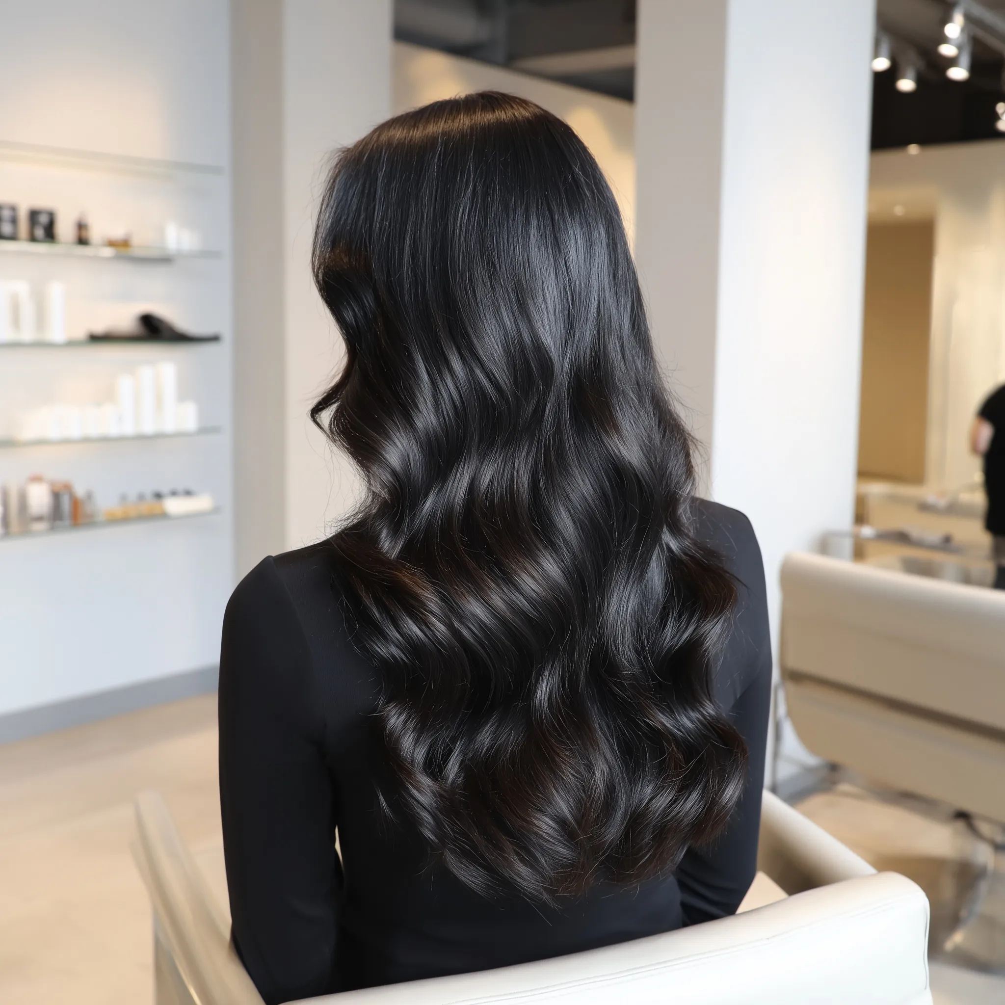 Back view of a woman with long, shiny, wavy black hair in a professional salon setting.