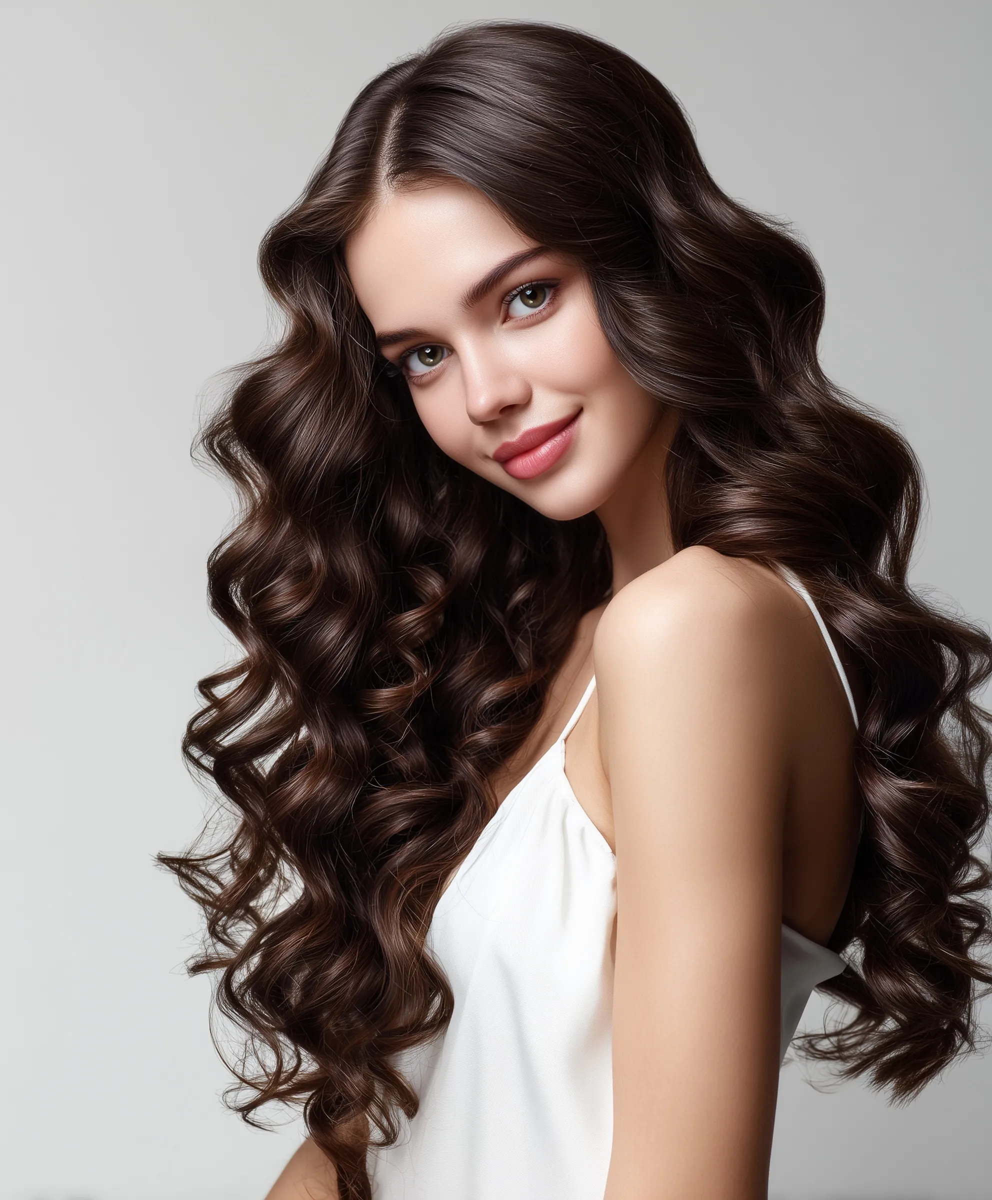 A young woman with long, voluminous dark brown wavy hair and perfect spiral curls wearing a white summer dress.
