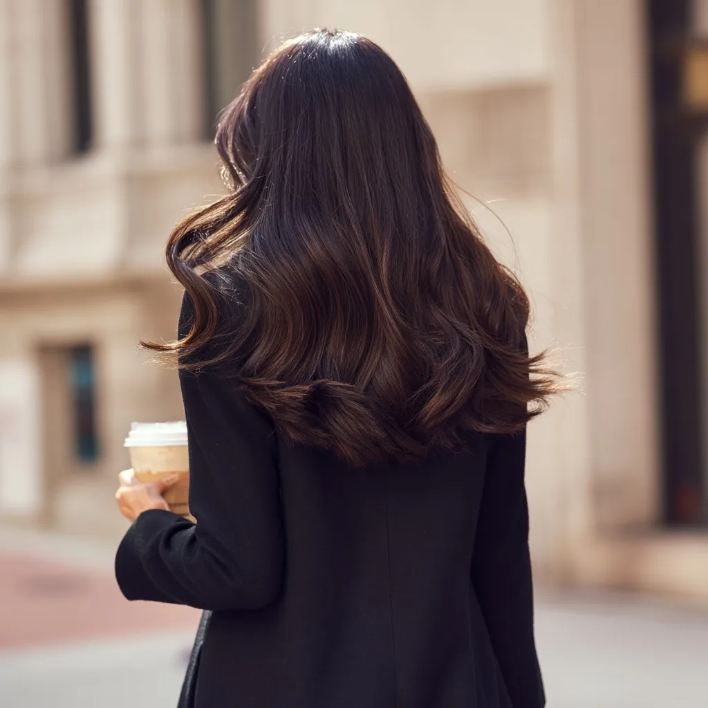 A Japanese woman with long, glossy dark brown hair in soft waves, walking in a city wearing a long black coat.