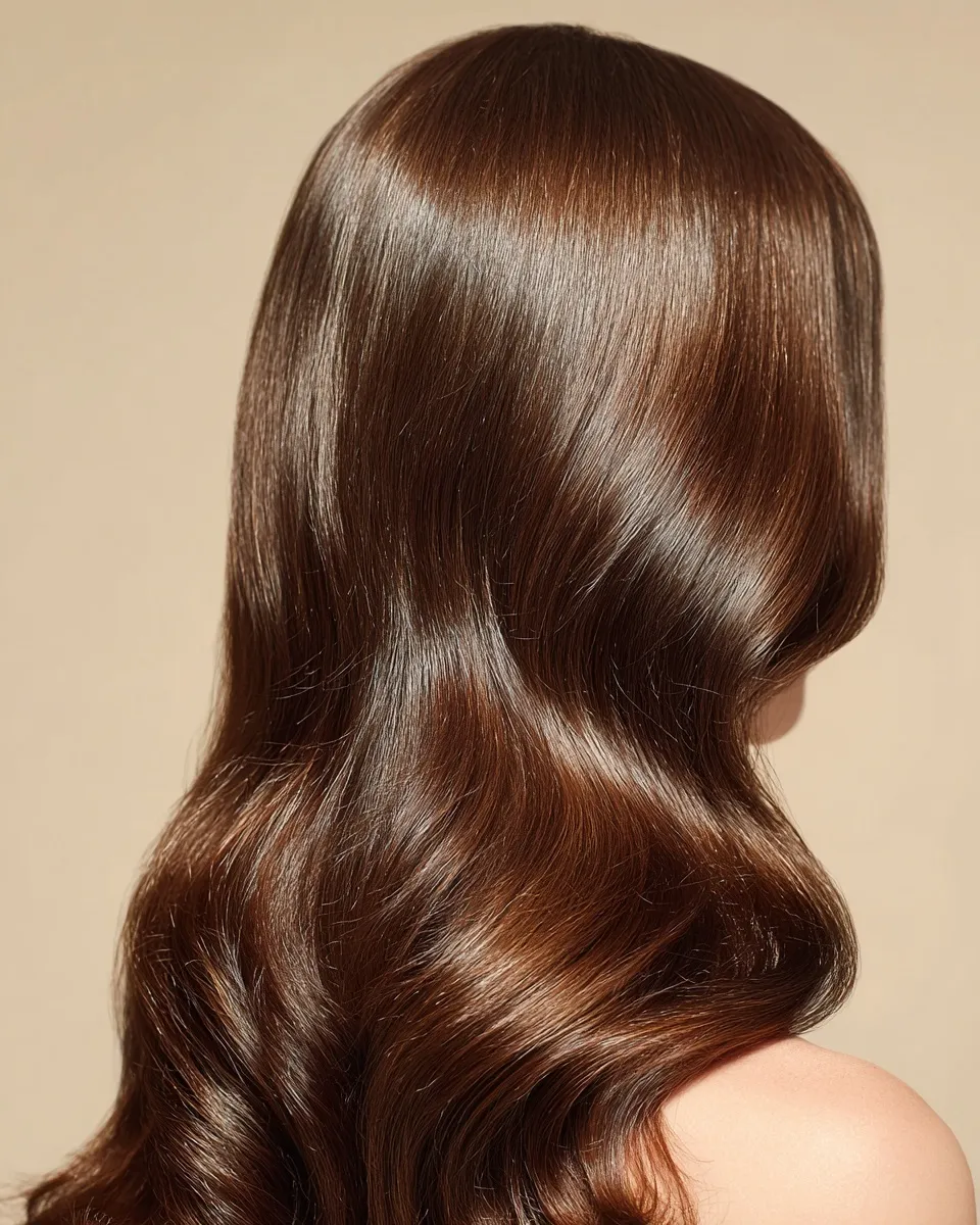 Close-up of long, smooth, wavy brunette hair styled elegantly against a minimalist light beige studio background.