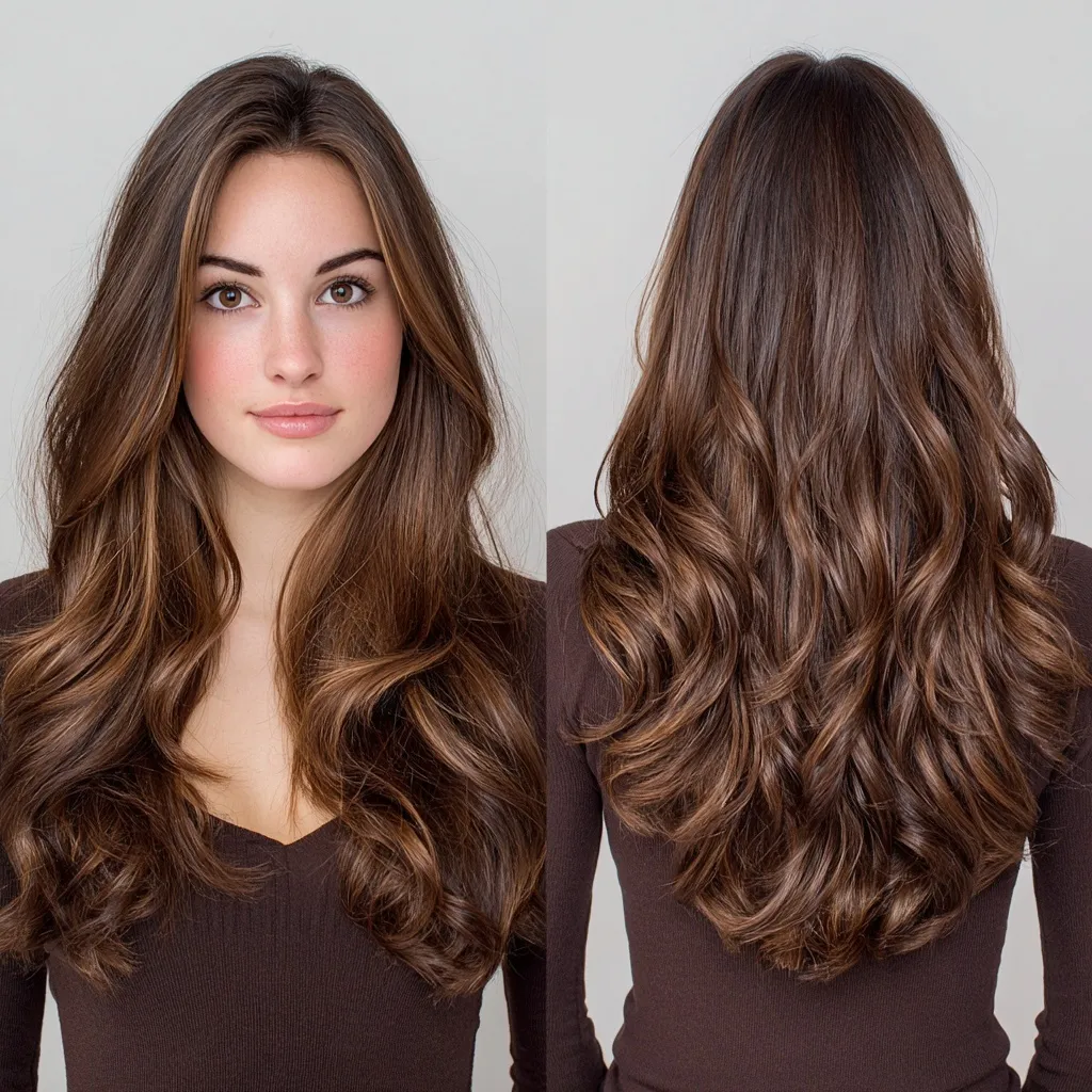 Brunette woman with 22-inch long, wavy hair featuring chocolate blonde balayage highlights, front and back view.