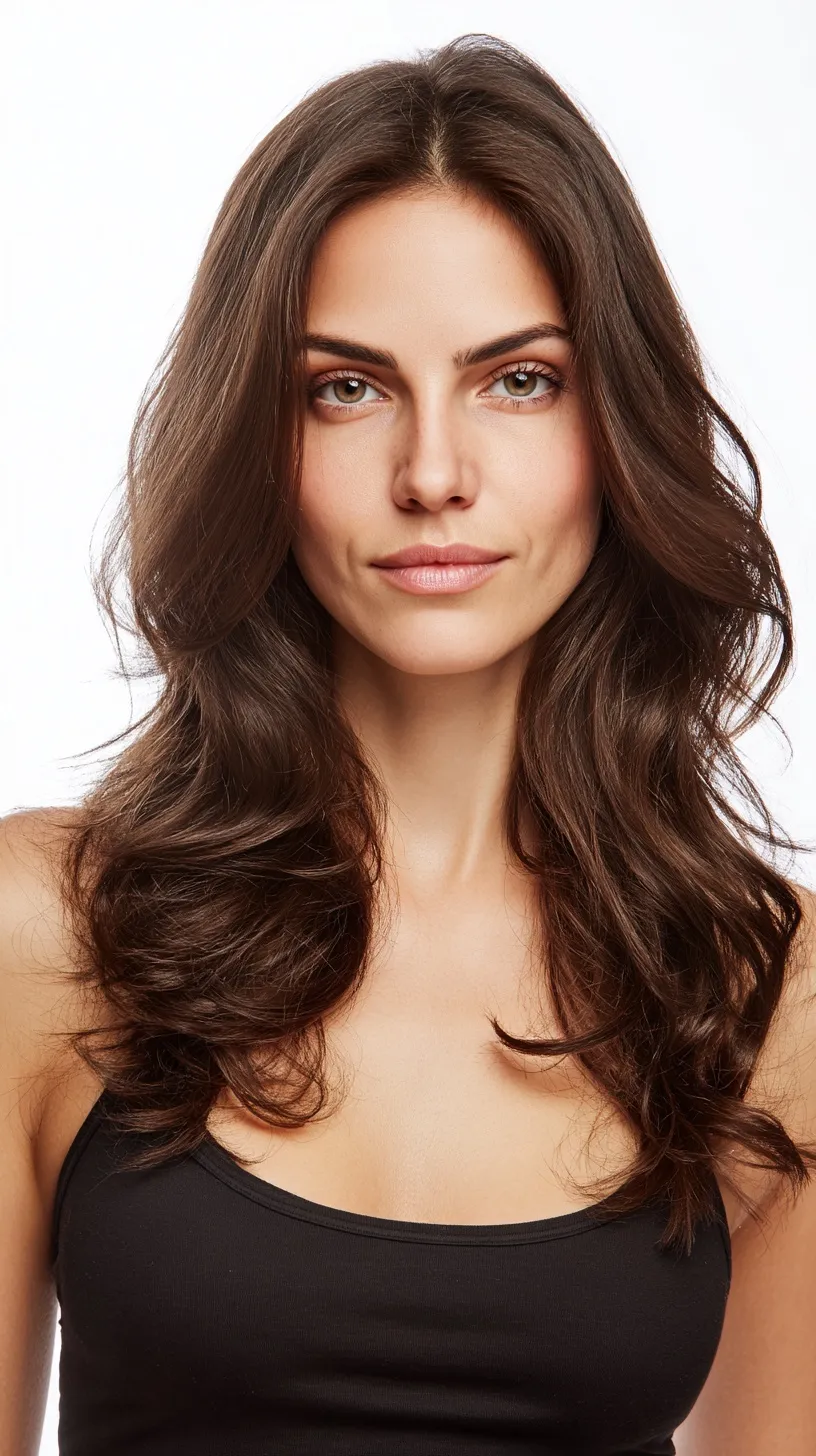 Portrait of a beautiful woman with long, wavy brunette hair wearing a black tank top against a white background.