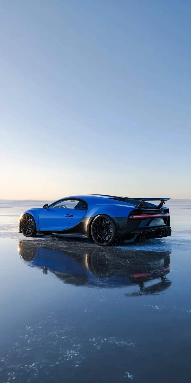 A glossy blue Bugatti Chiron Pur Sport parked on reflective ice against a minimal horizon, ultra-realistic HD.