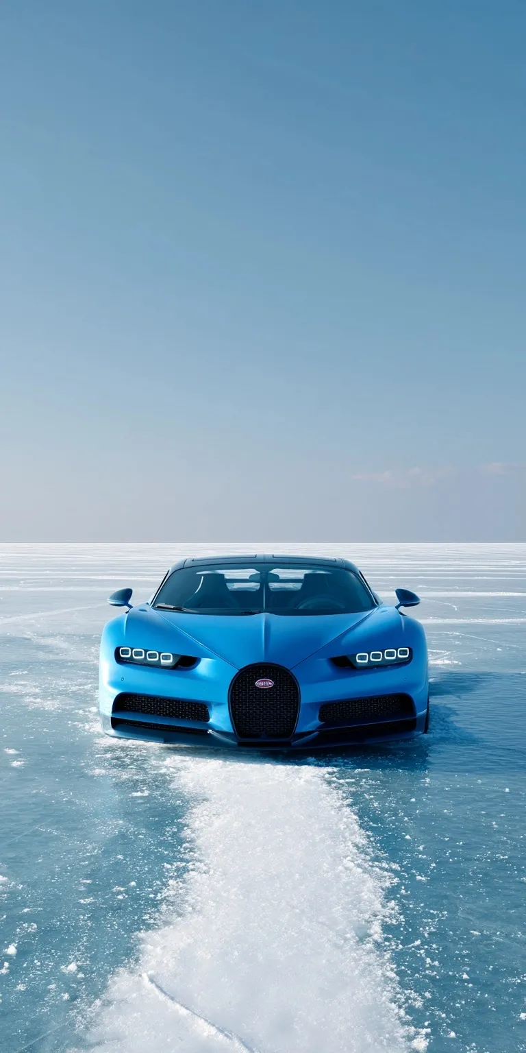 A blue Bugatti Chiron parked on a frozen lake, cinematic front view photography, hyper-realistic HD wallpaper.