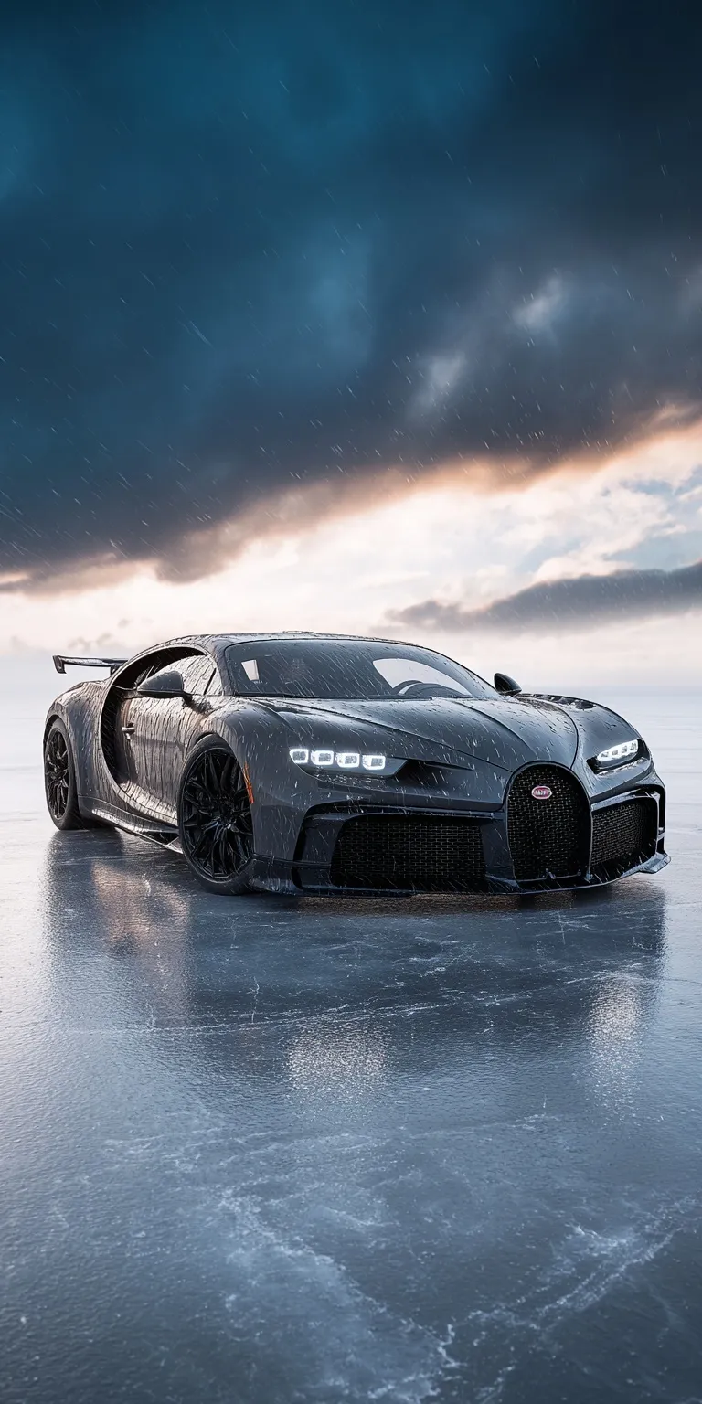 Bugatti Chiron Pur Sport on reflective ice with cinematic lighting for high-definition iPhone wallpaper.