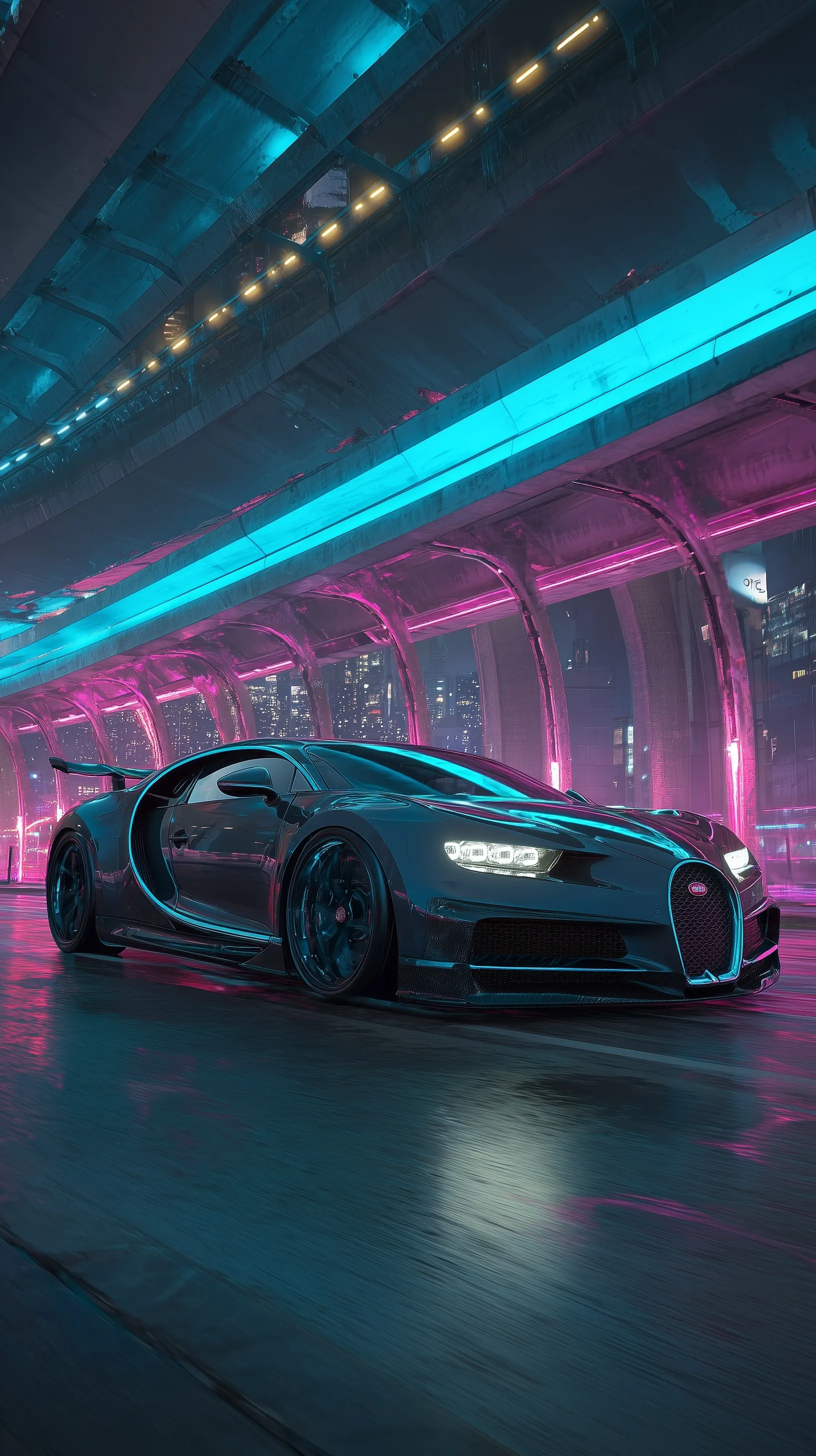 A sleek Bugatti Veyron speeding on a futuristic highway with vibrant cyberpunk neon light lines.