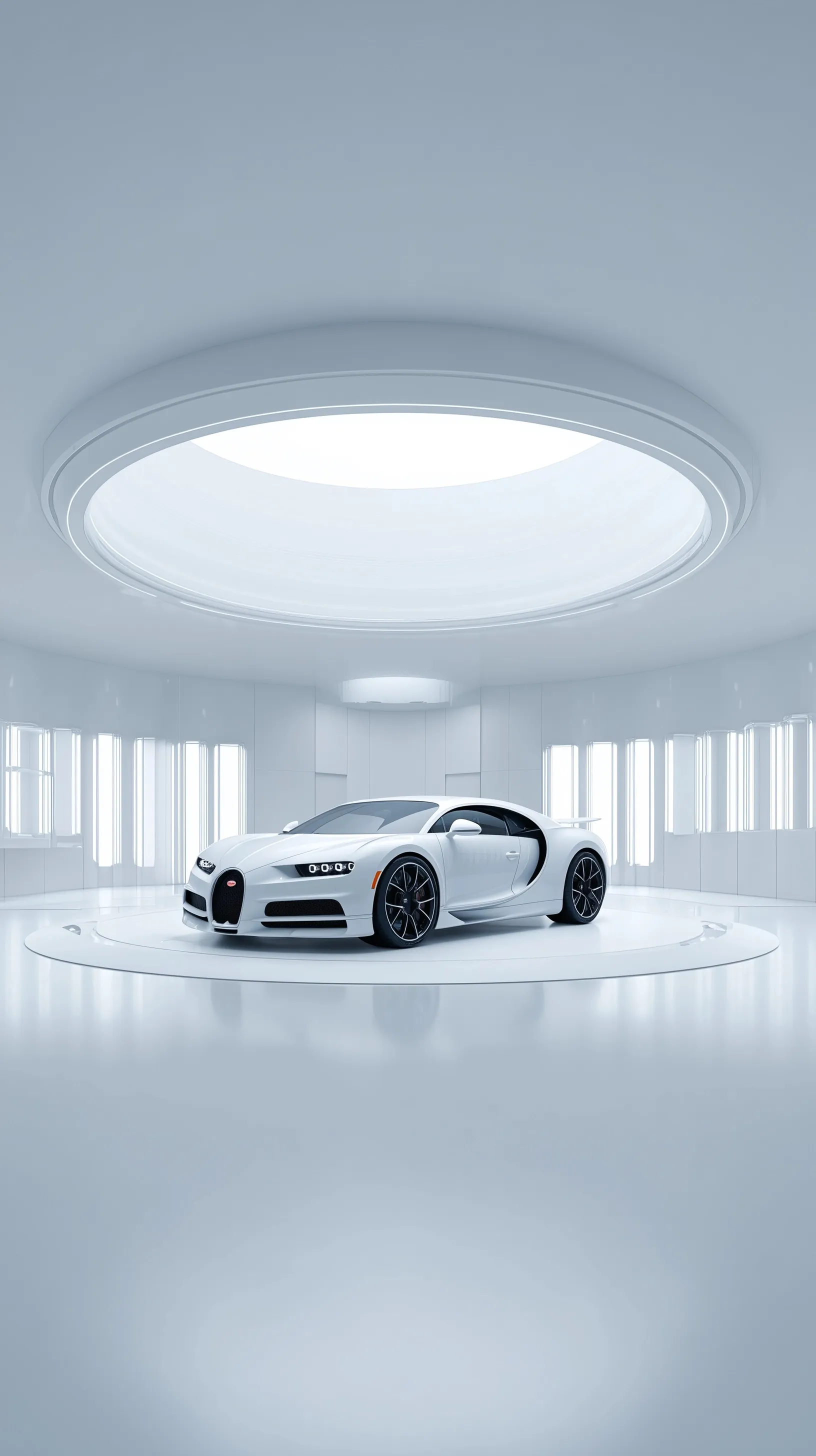 A sleek Bugatti side view on a clean circular platform, captured in high-definition vertical wallpaper format.