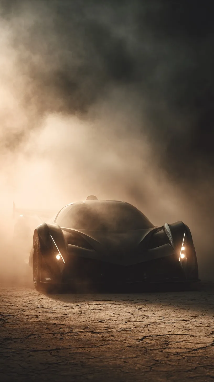 Devel Sixteen supercar emerging from dust and shadows, cinematic low-angle HD Bugatti style wallpaper.