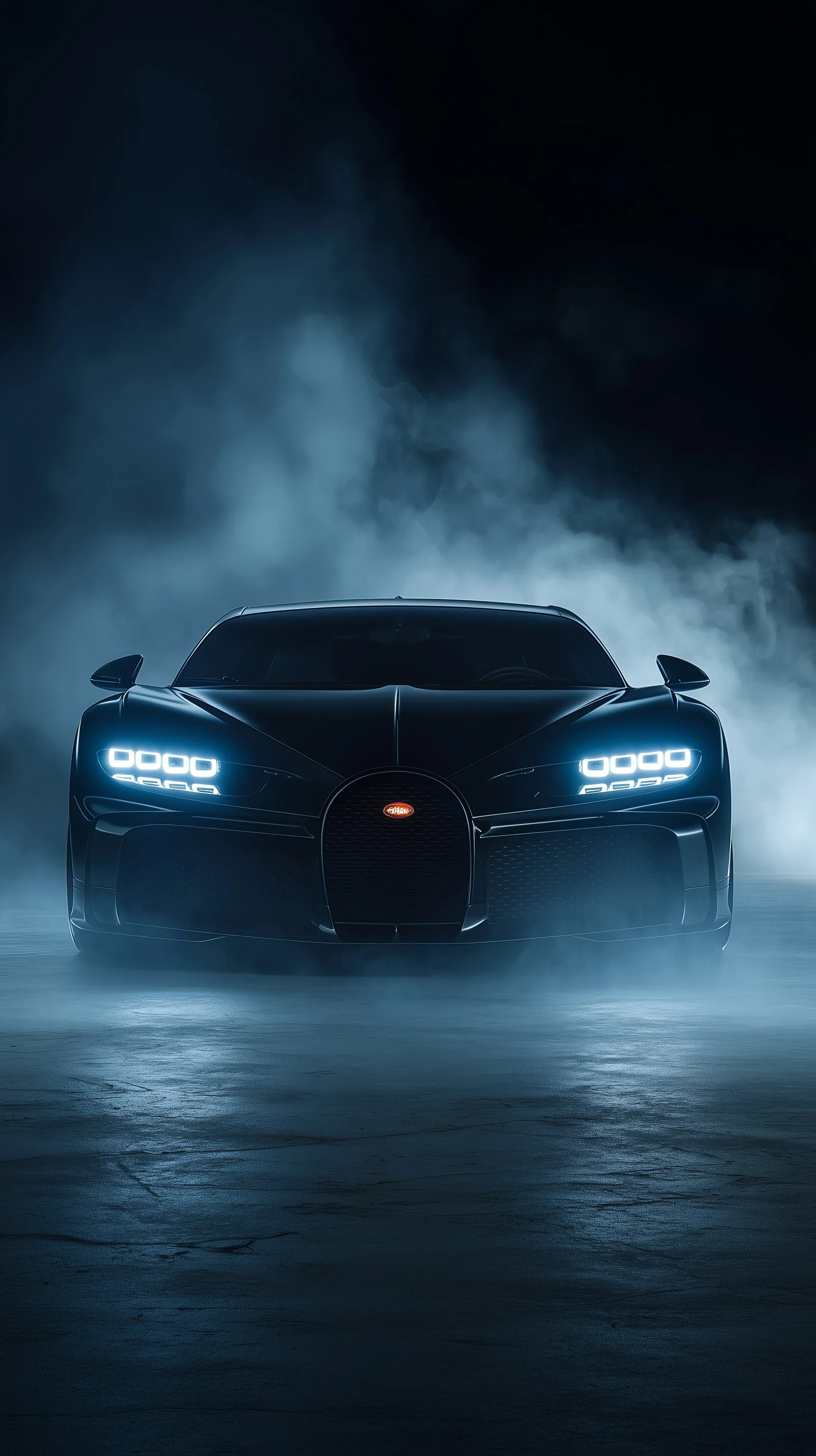 Bugatti Mistral front view with LED headlights and smoke in a cinematic night setting, 4K HD wallpaper.