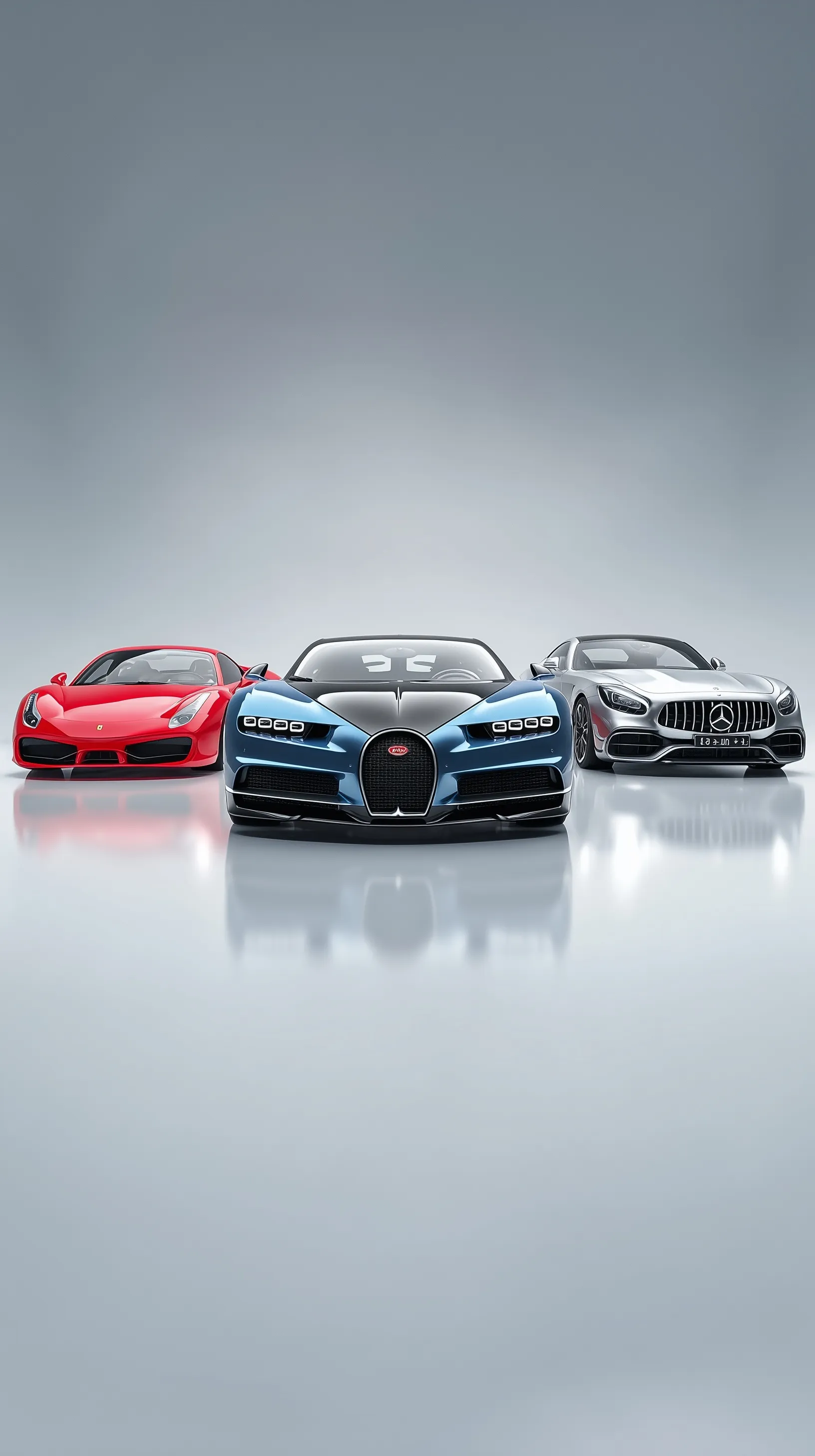 Studio shot of a black and blue Bugatti Chiron, red Ferrari 488, and silver Mercedes-Benz in 8K high resolution.