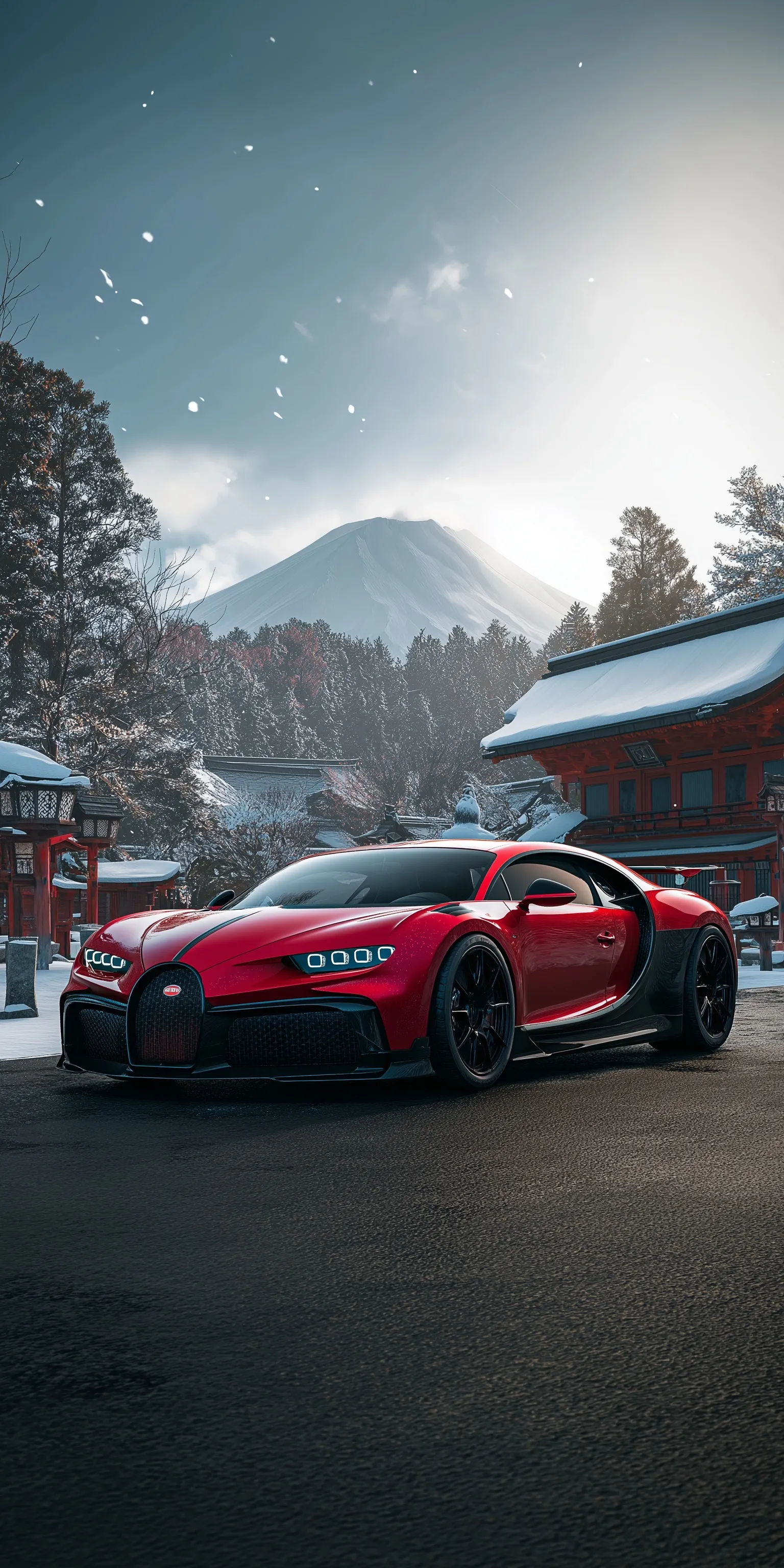 Glossy red 2024 Bugatti Chiron Pur Sport parked on wet asphalt with Mount Fuji and Japanese temples in winter.