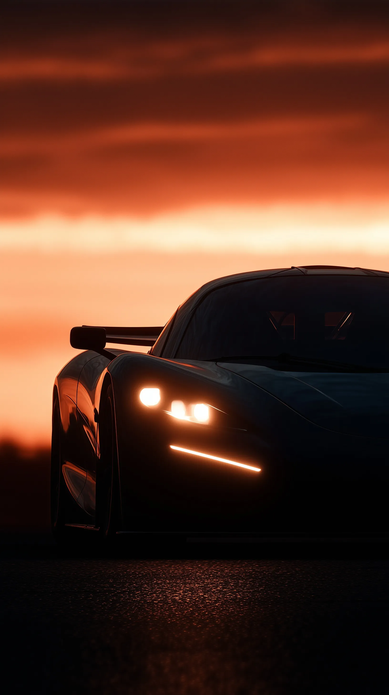 Sleek Bugatti electric hypercar silhouette with glowing LED headlights against a dramatic orange sunset sky.