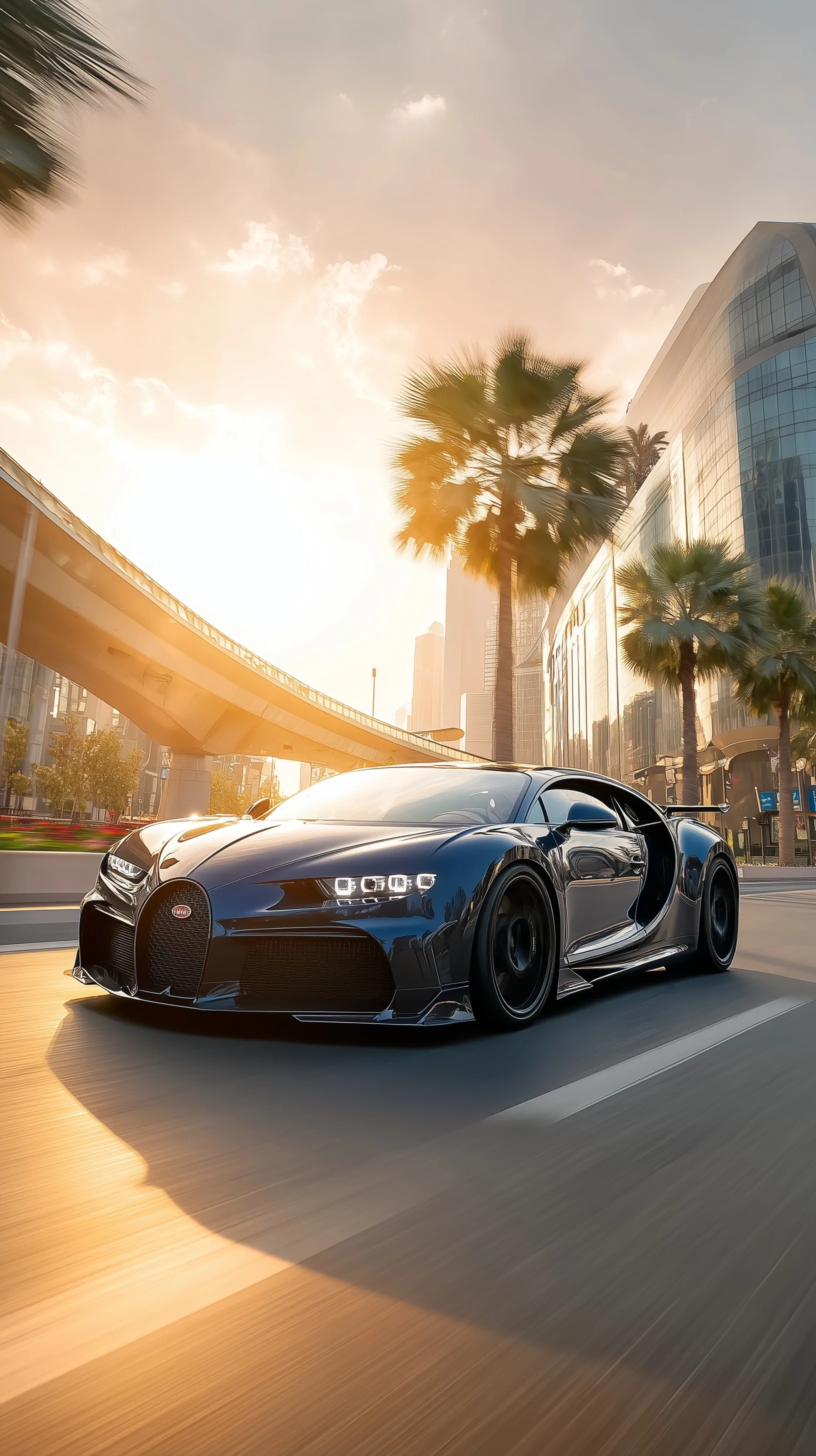 Blue Bugatti Chiron Super Sport speeding on a highway at golden hour, cinematic luxury car wallpaper.