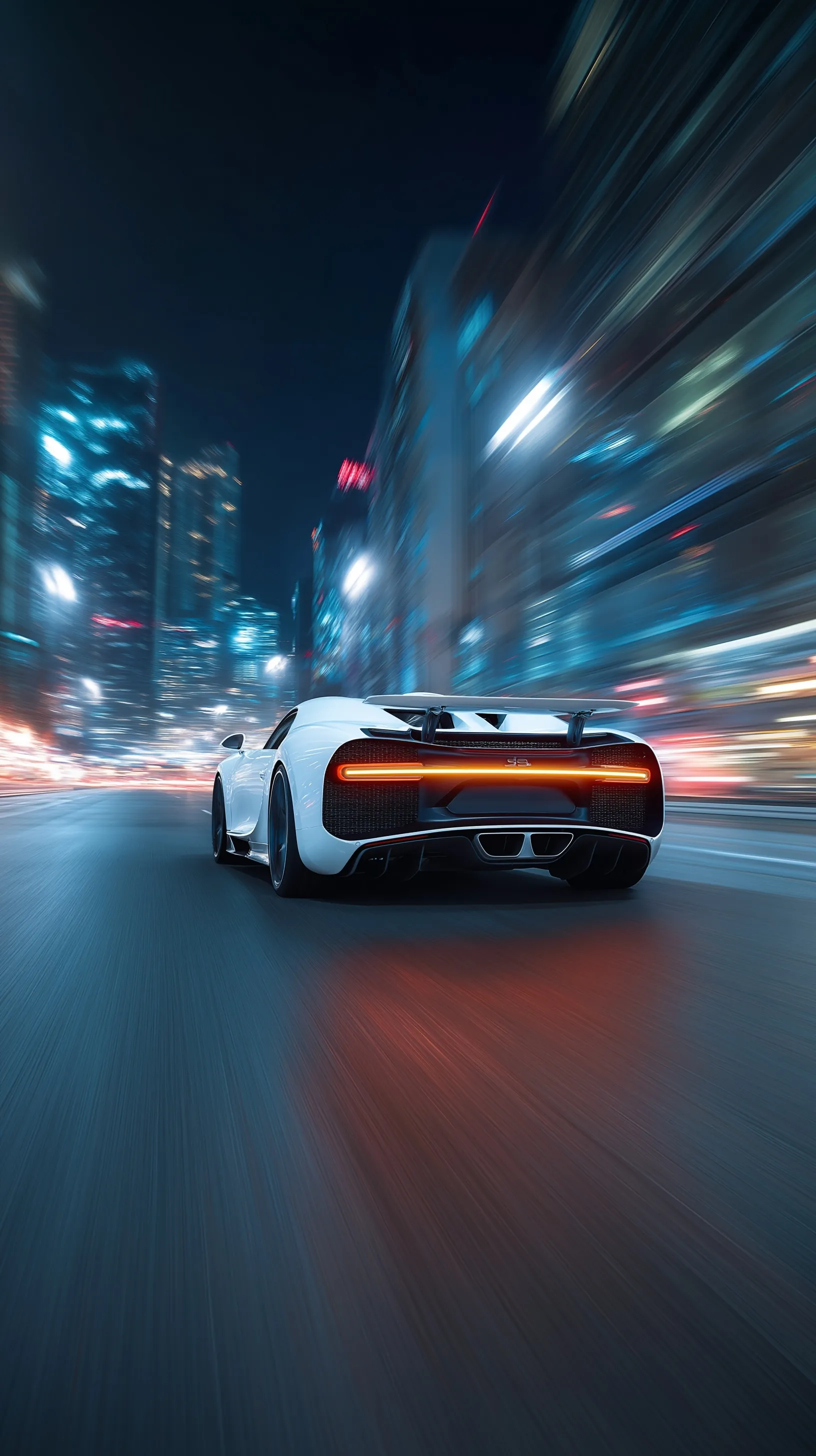 Back view of a white Bugatti driving fast through a city at night with motion blur, perfect for iPhone wallpaper.