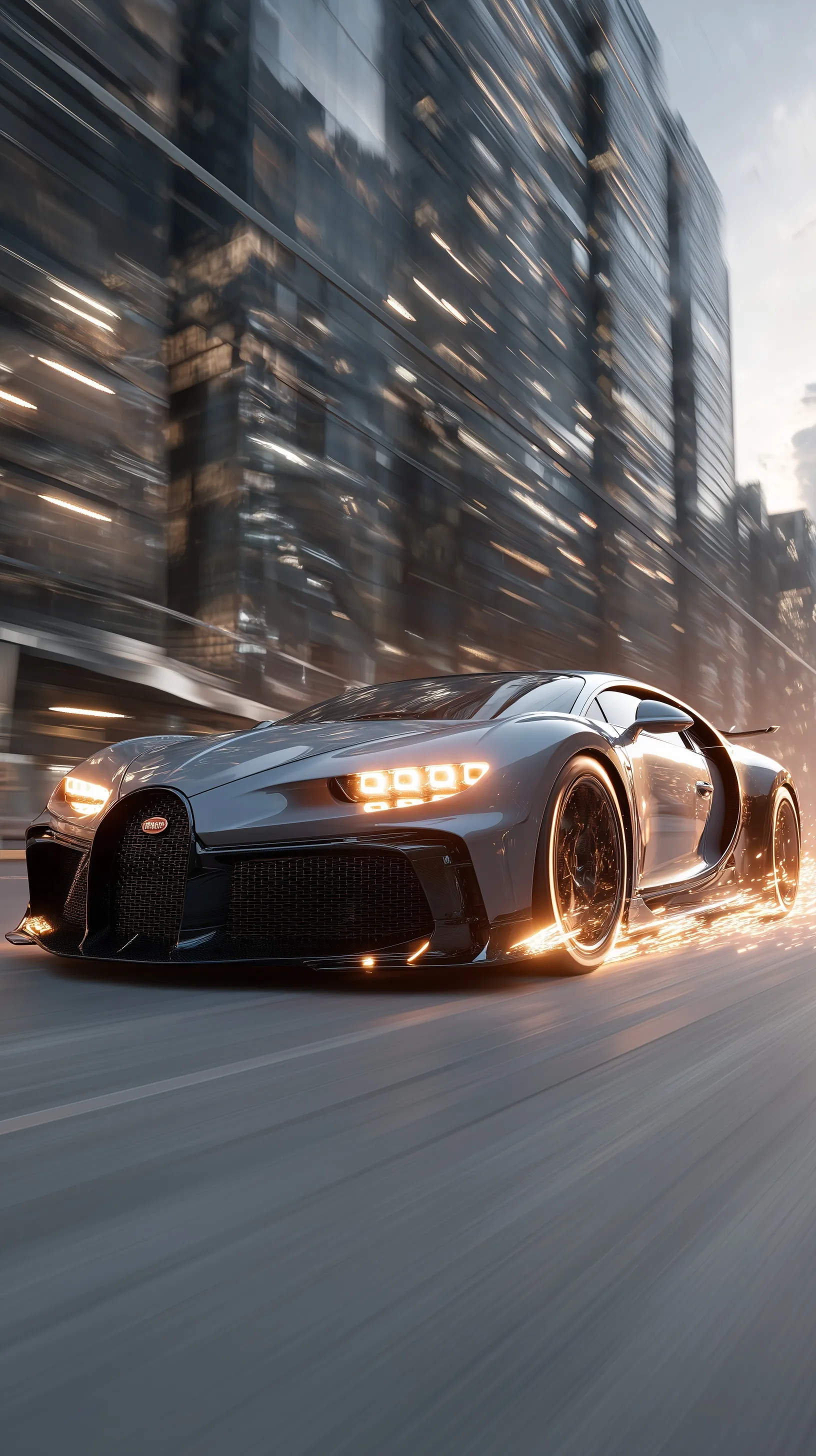 Hyper-realistic Bugatti sports car speeding on a track, captured from a dramatic low-angle perspective.