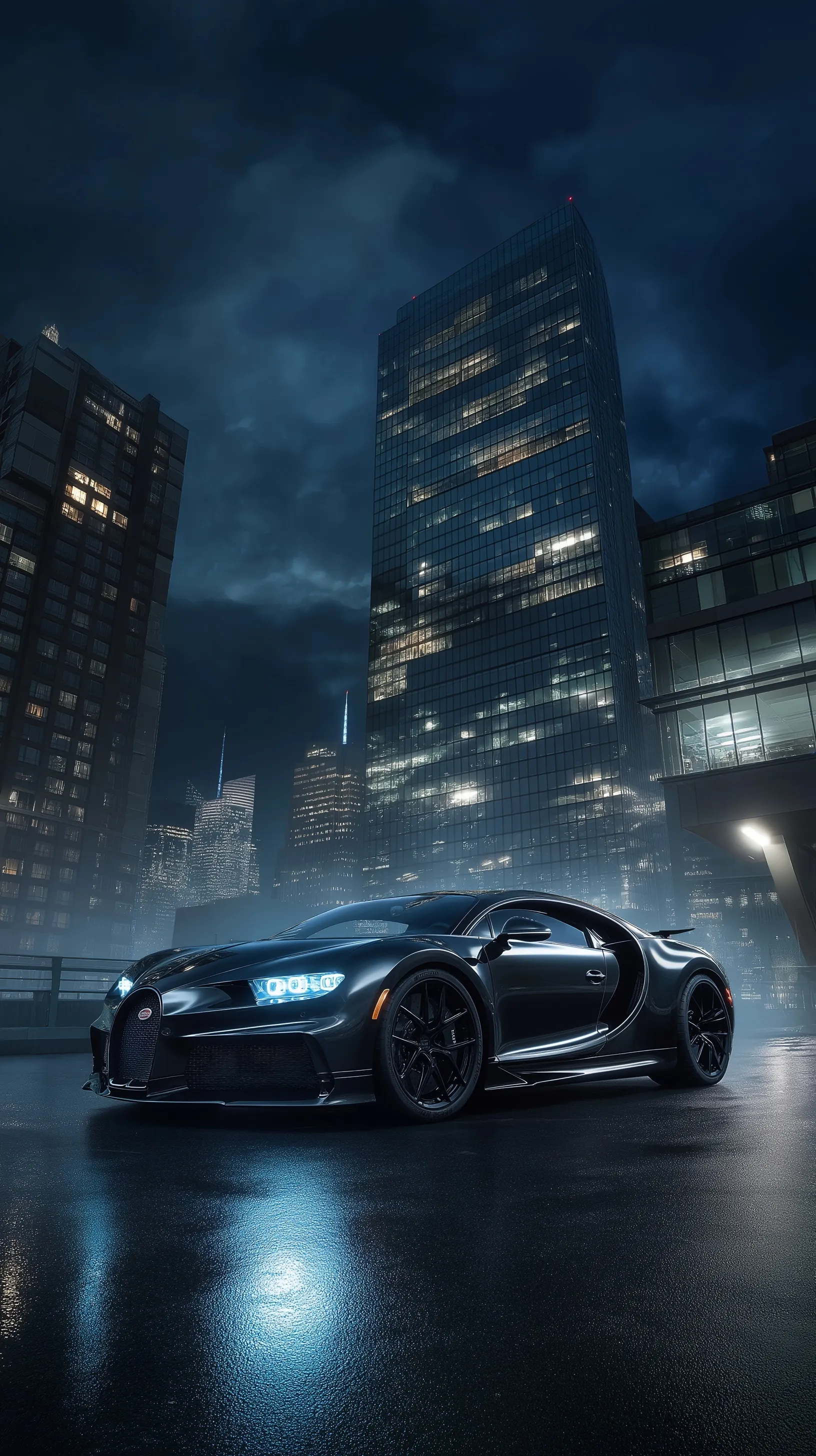 A sleek black Bugatti parked on a luxury NYC penthouse balcony at night with cinematic blue lighting and city views.