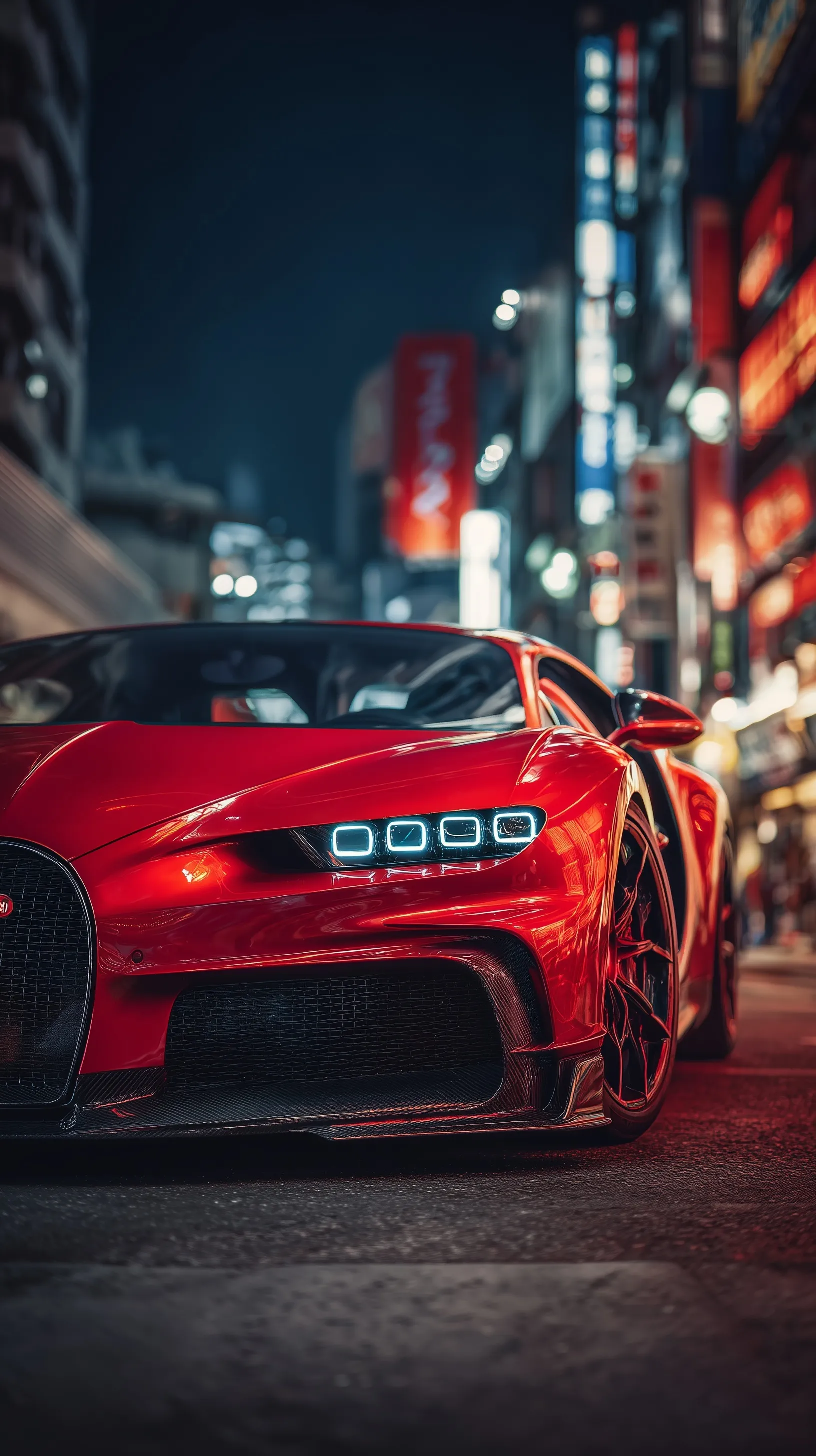 Close-up front view of a red Bugatti Chiron Super Sport 300 parked in a moody, neon-lit Japanese city at night.