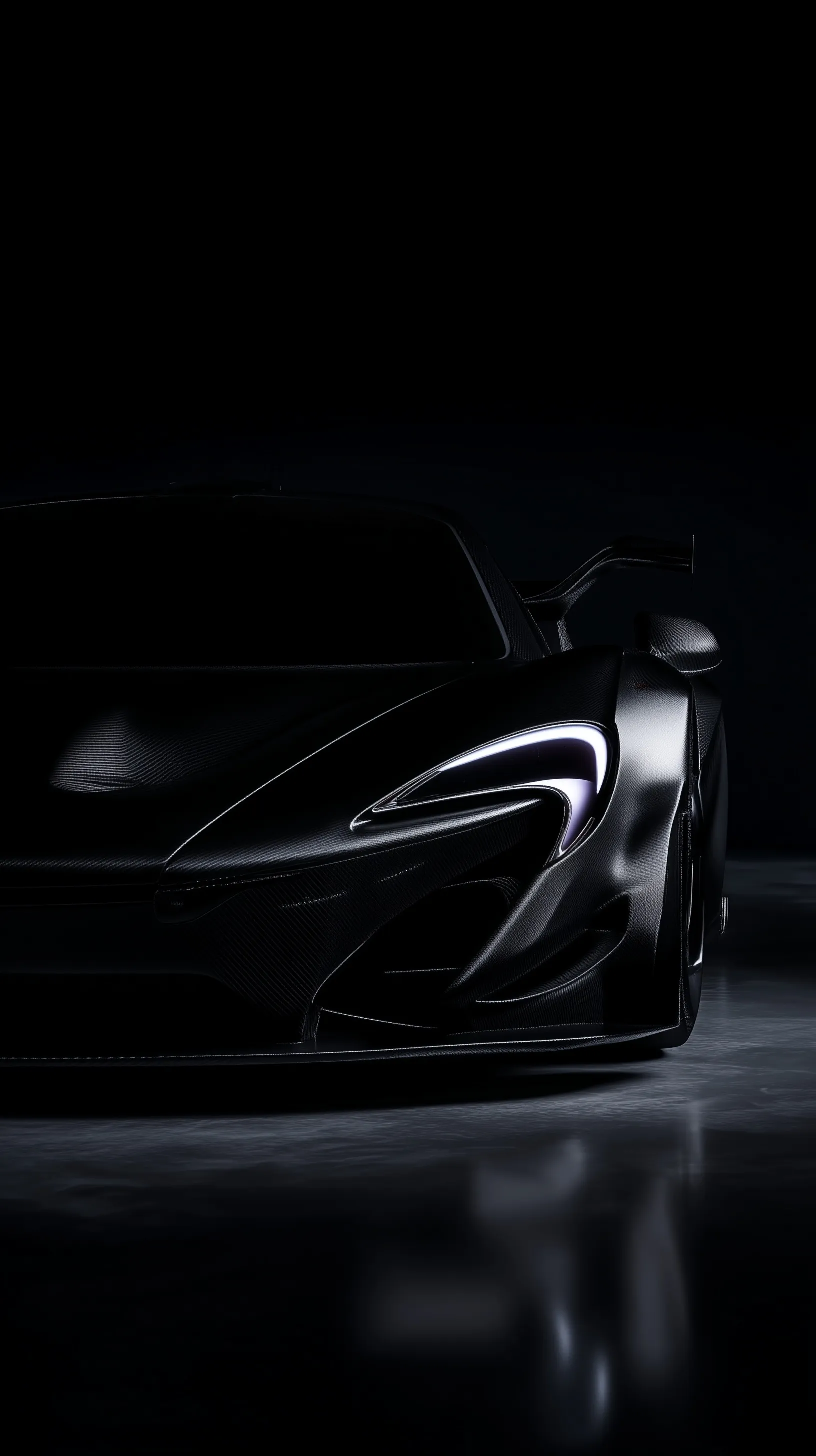Hyper-realistic McLaren W1 sports car front view with custom body kit and sharp reflections in a black studio.
