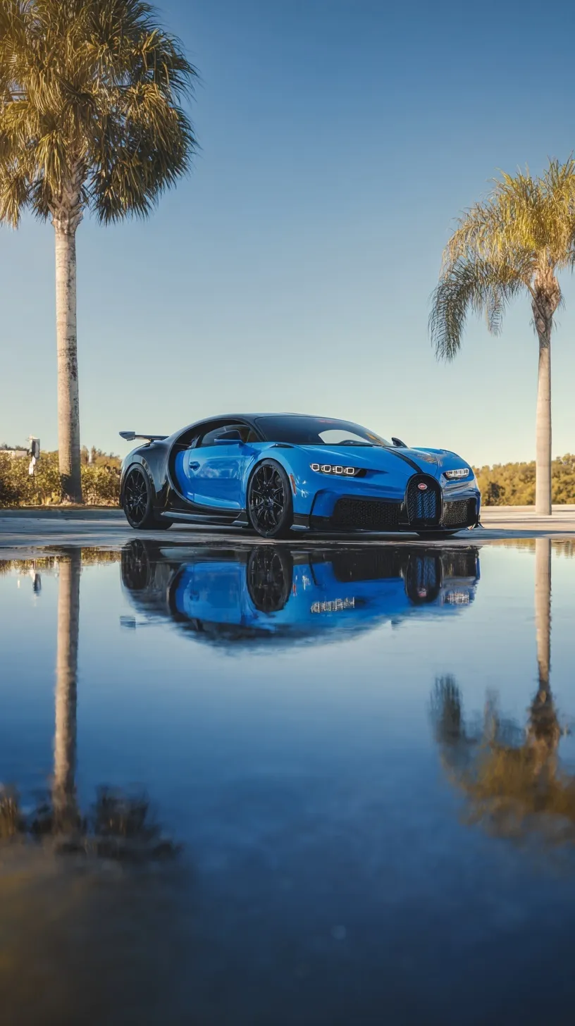 Glossy blue Bugatti Chiron Pur Sport parked on a reflective surface during an autumn day, ultra-realistic HD wallpaper.