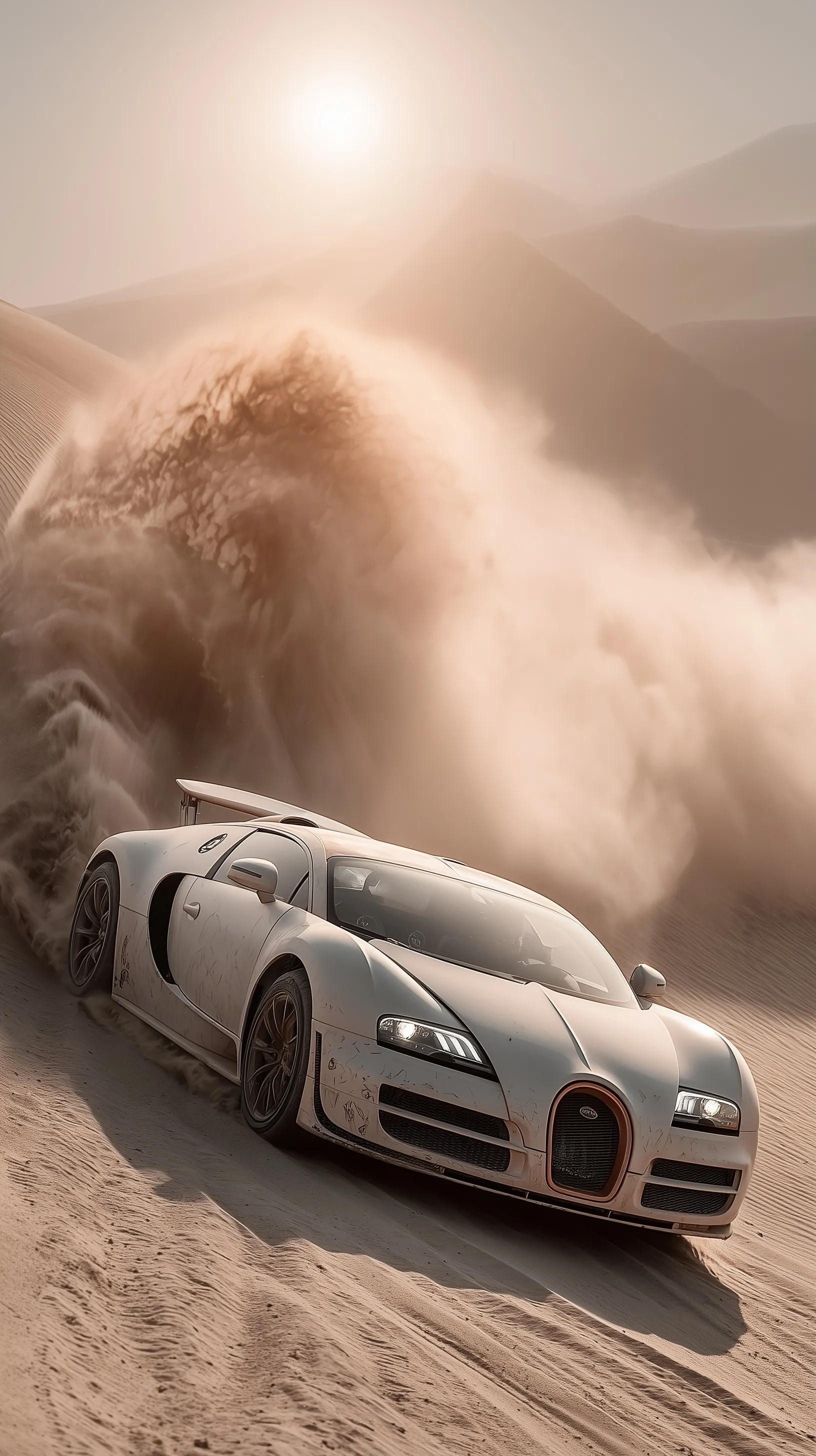 A photorealistic, steampunk-inspired Bugatti Veyron driving across desert dunes near the Egyptian Pyramids.