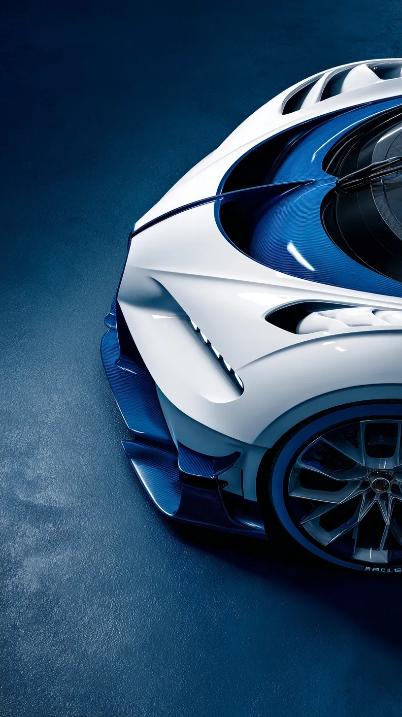 Hyper-realistic 2035 blue and white Bugatti concept hypercar with LED fender screen for iPhone wallpaper.