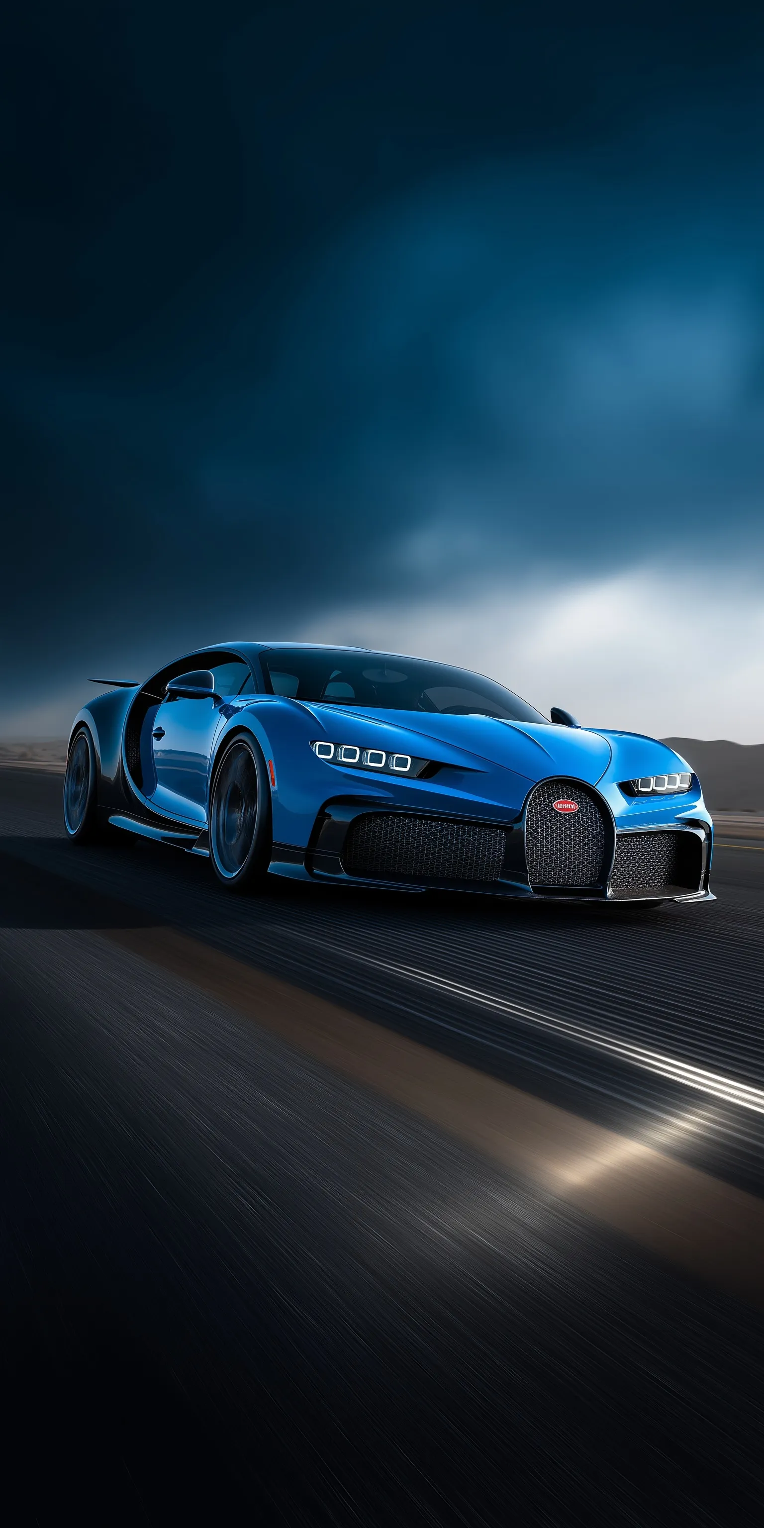 A glossy blue and purple pearlescent Bugatti Chiron Super Sport driving on a dark asphalt highway in daylight.