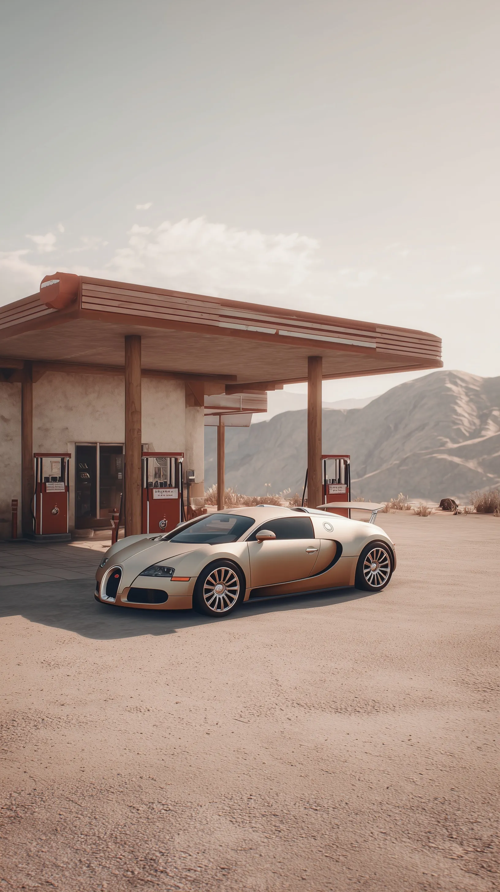 Beige Bugatti Veyron parked at a desert gas station, side view shot with a dynamic Dutch angle.
