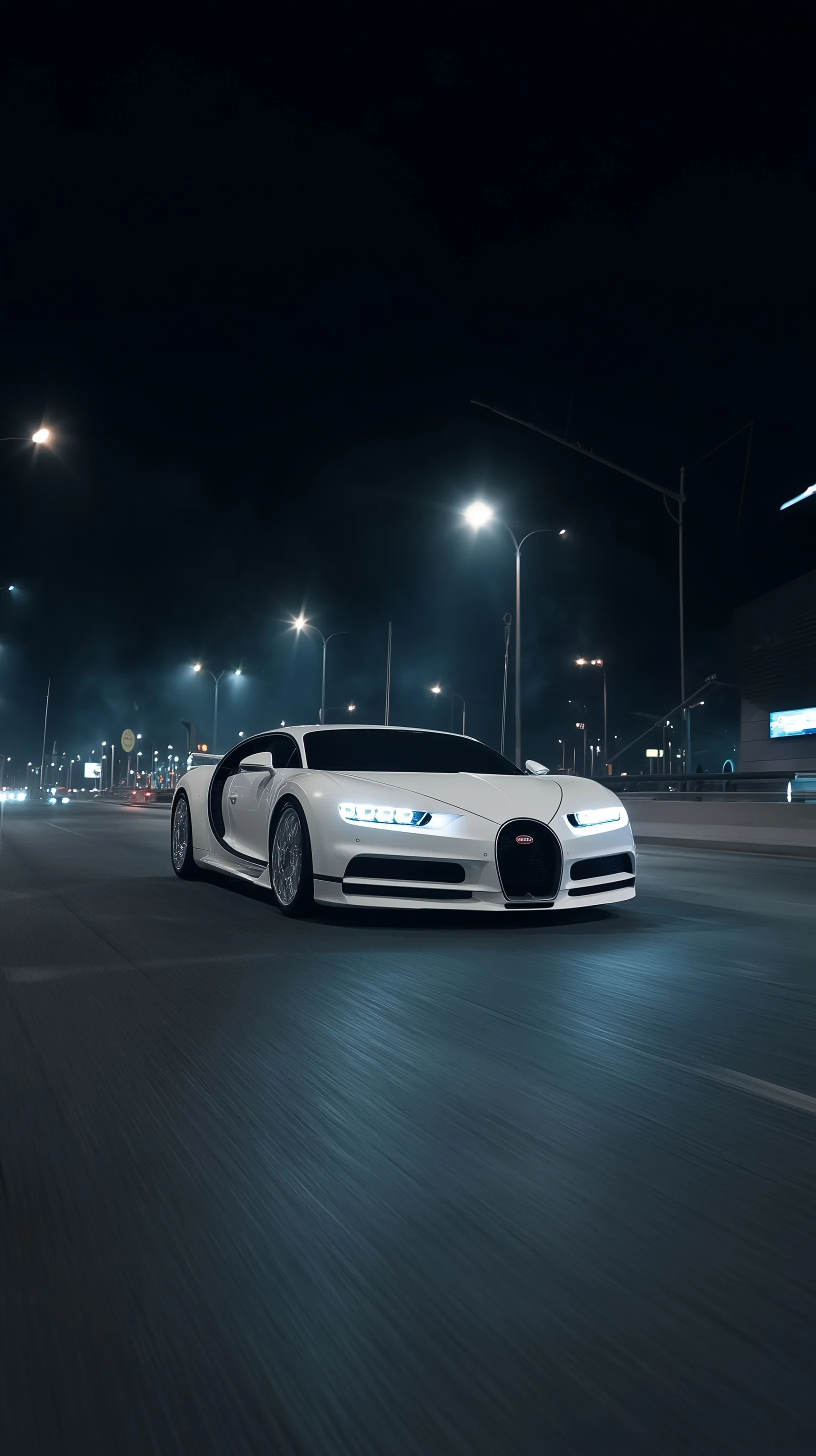 A white Bugatti driving on a dark road at night with cinematic street lighting and realistic reflections.