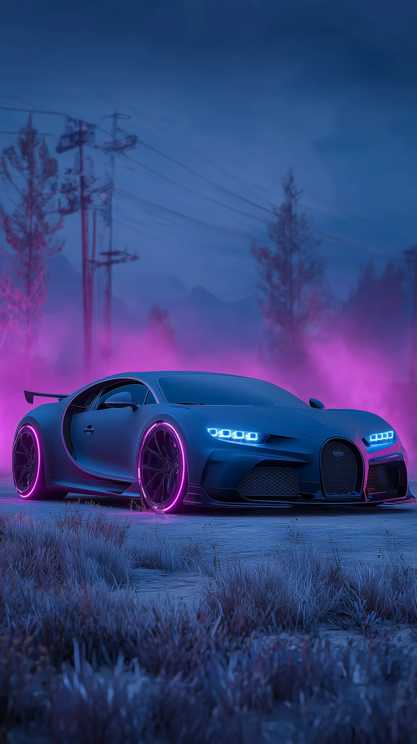 A hyperrealistic 2024 Bugatti Chiron with neon lights parked on grass in 8K ultra-high resolution.